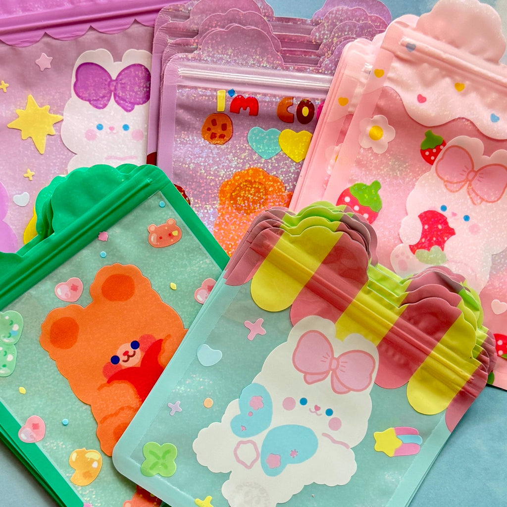 Qty 25 Holographic Kawaii Zip Bags, Pastel Character Pouches, 5 of Each Color, 16x16.5cm