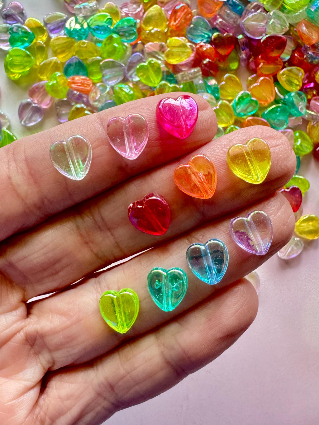 AB Heart Beads, Acrylic, Mixed Colors, 8x8x3mm, Hole: 1.5mm, 90 pcs