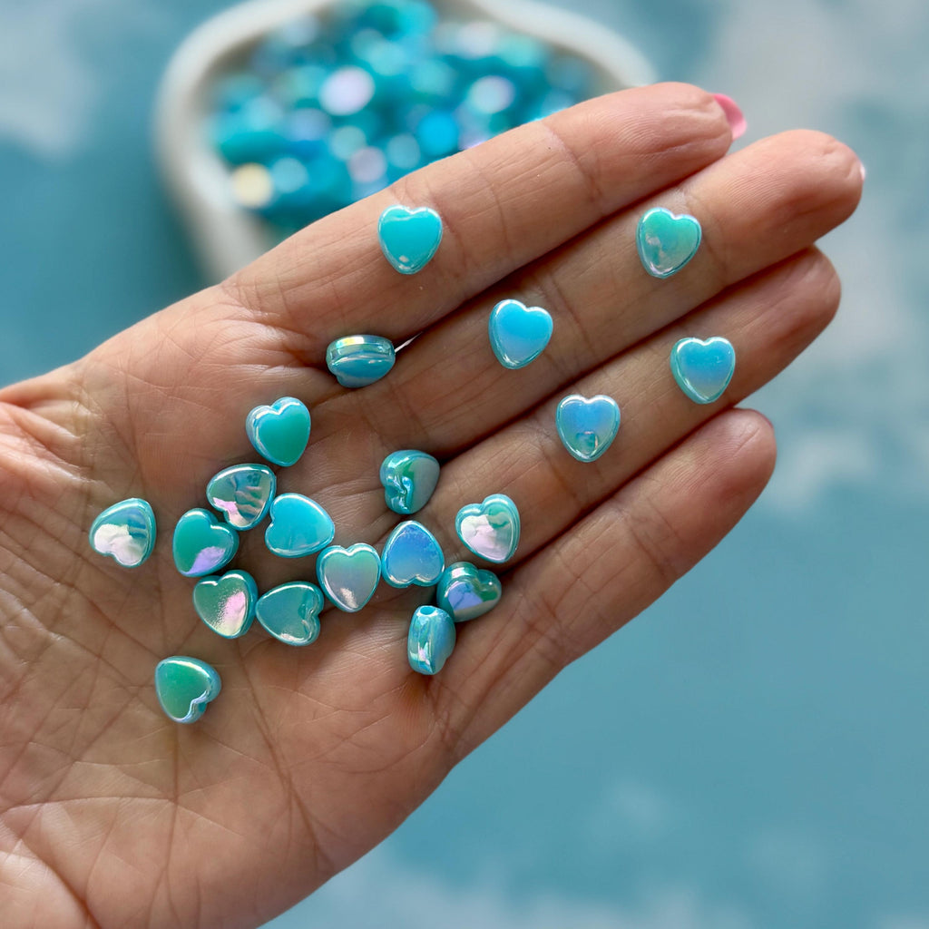 Blue 9mm Heart Beads, AB Plated, Hole: 1.6mm, 100 pcs