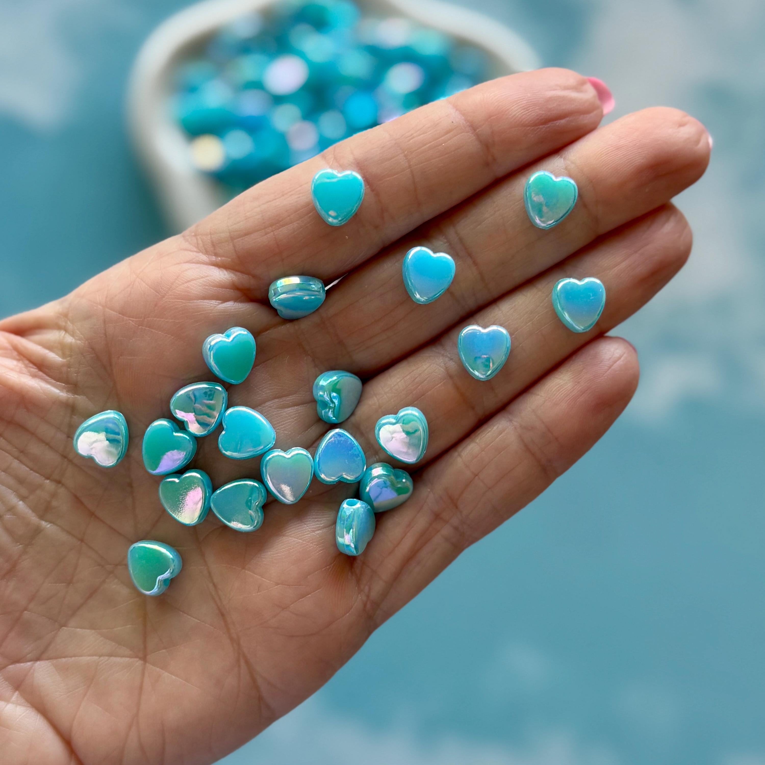 Blue 9mm Heart Beads, AB Plated, Hole: 1.6mm, 100 pcs