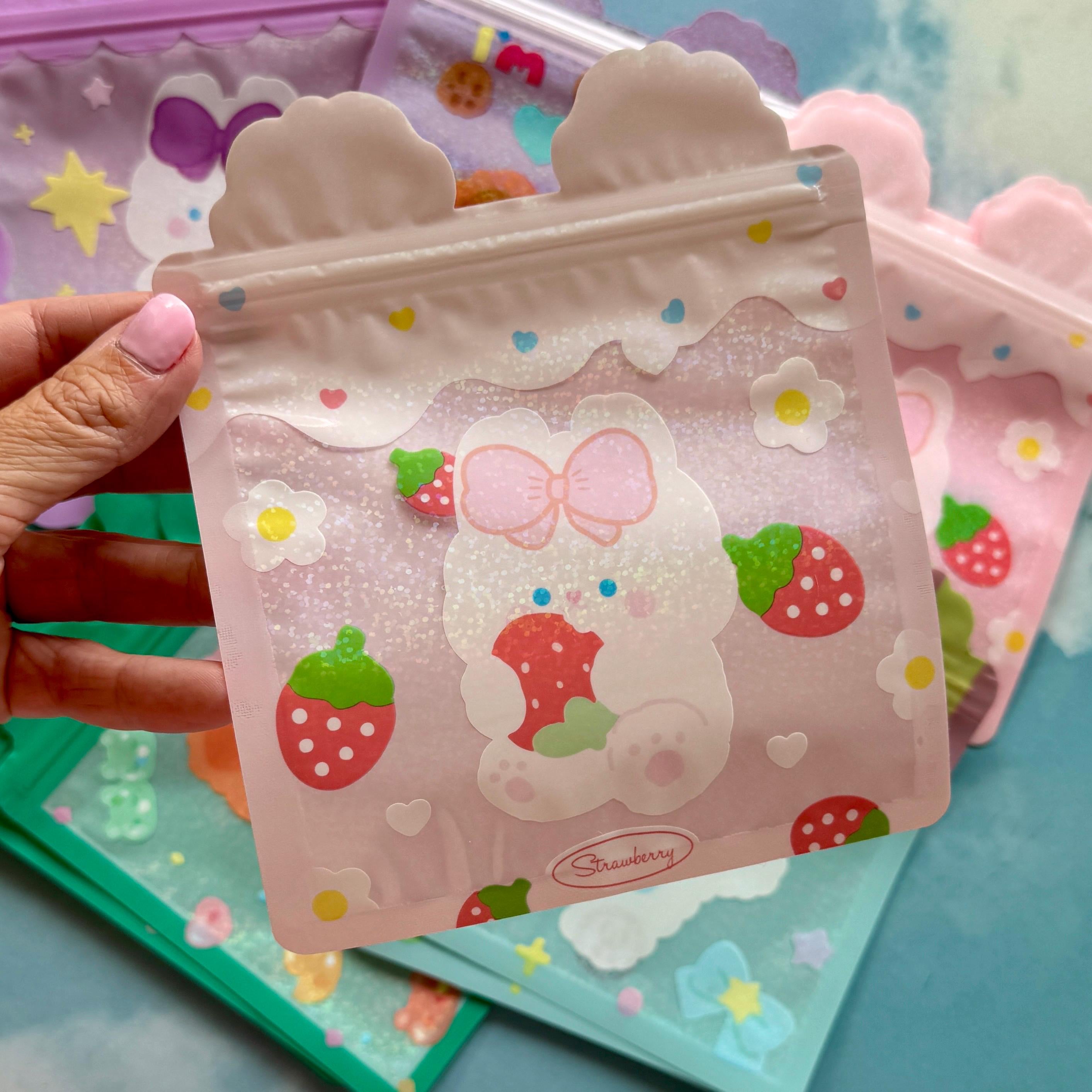 Qty 25 Holographic Kawaii Zip Bags, Pastel Character Pouches, 5 of Each Color, 16x16.5cm