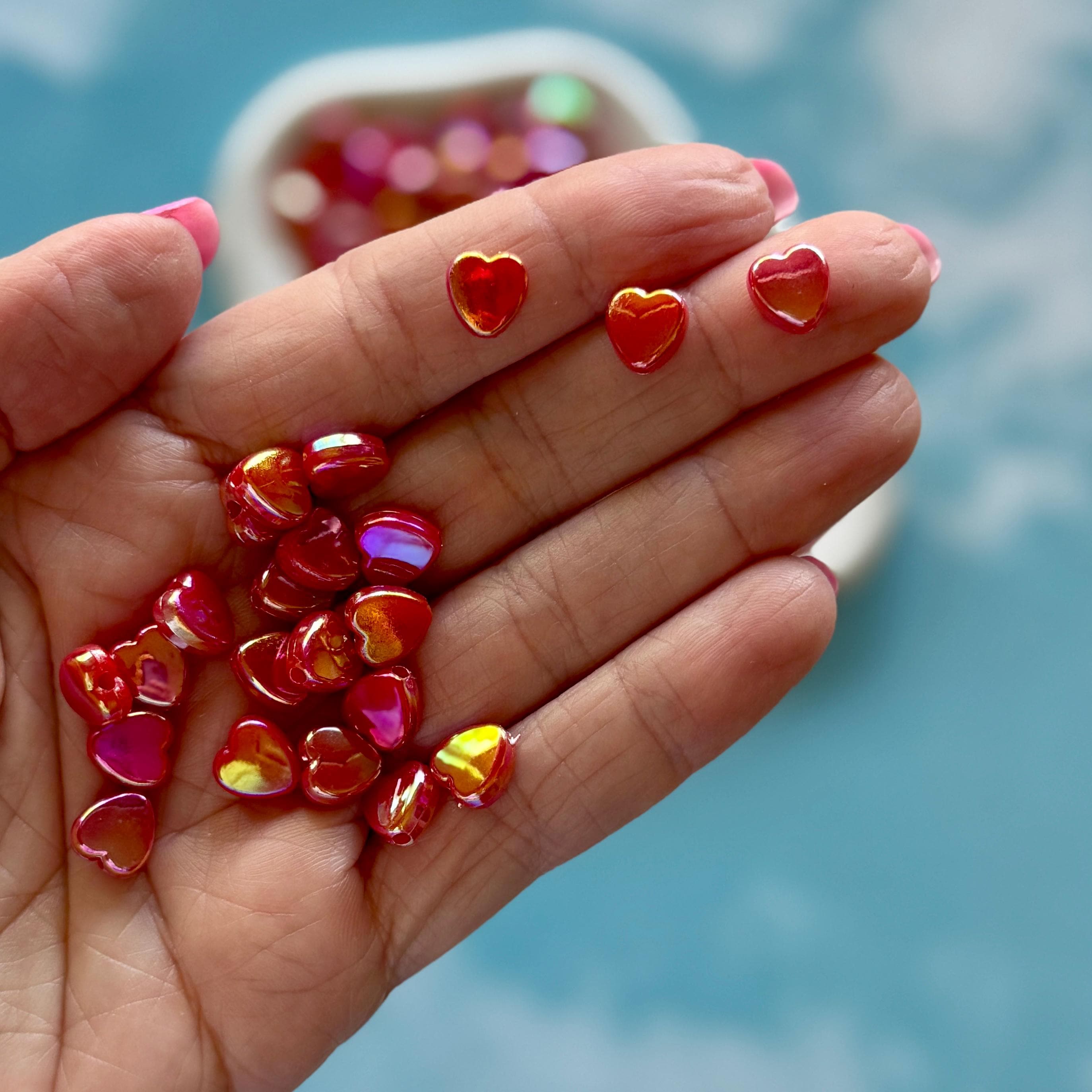 Red 9mm Heart Beads, AB Plated, Hole: 1.6mm, 200 pcs