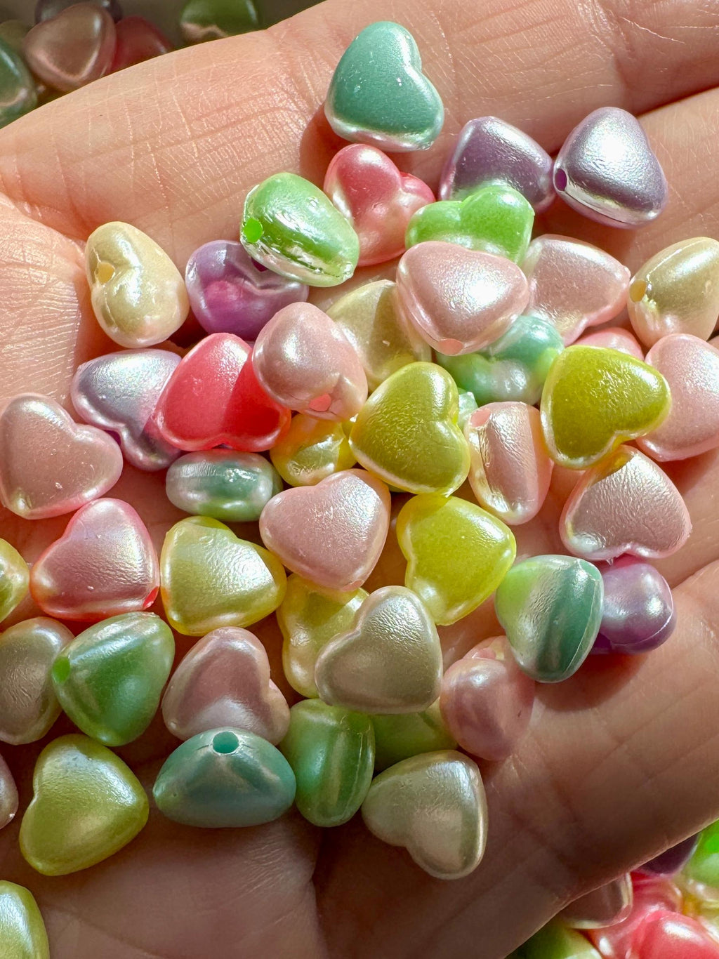 Pearlescent Heart Beads, Acrylic, Mixed Colors, 8.6x9x4.7mm, Hole: 1.5mm, 100 Pieces