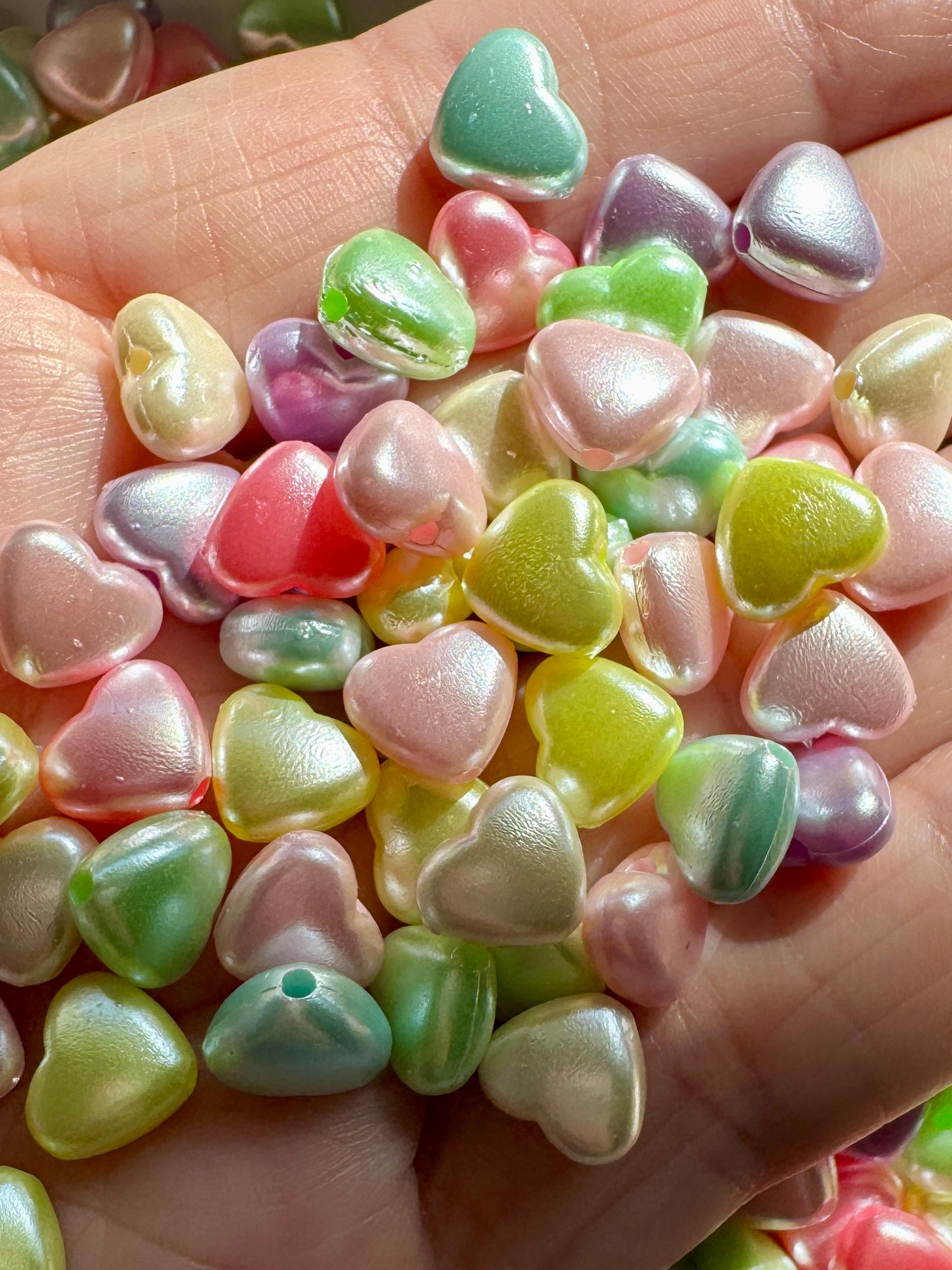 Pearlescent Heart Beads, Acrylic, Mixed Colors, 8.6x9x4.7mm, Hole: 1.5mm, 100 Pieces