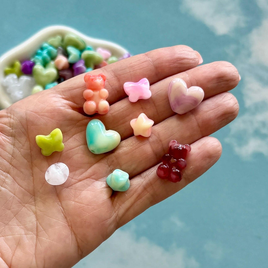 Faux Gemstone Bead Mix: Butterflies, Stars, Hearts, and Teddy Bears, Acrylic, 40 pcs
