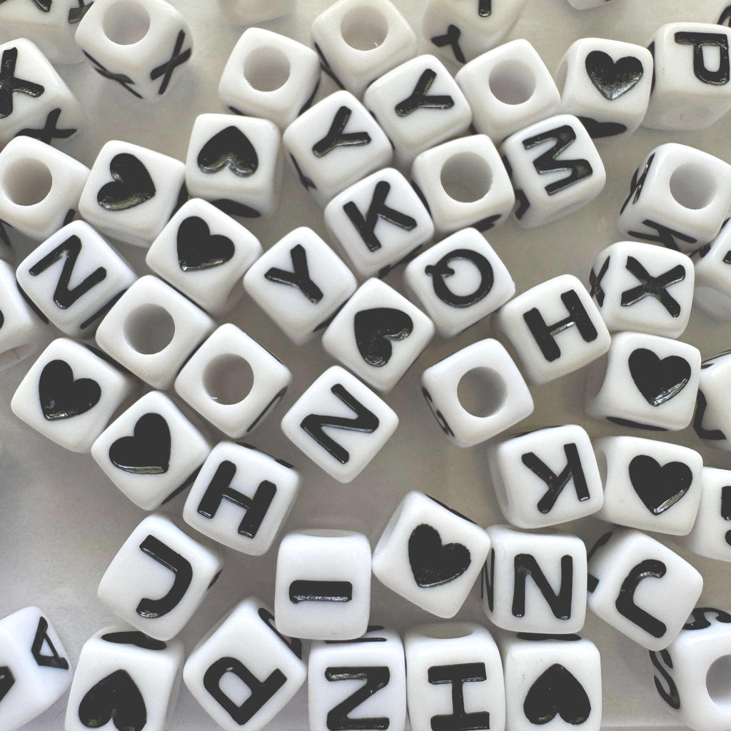 Alphabet Cube Beads: 7x7mm, 3.5mm hole, Acrylic, Black and White Letter Beads, DIY Jewelry Making (5pcs)