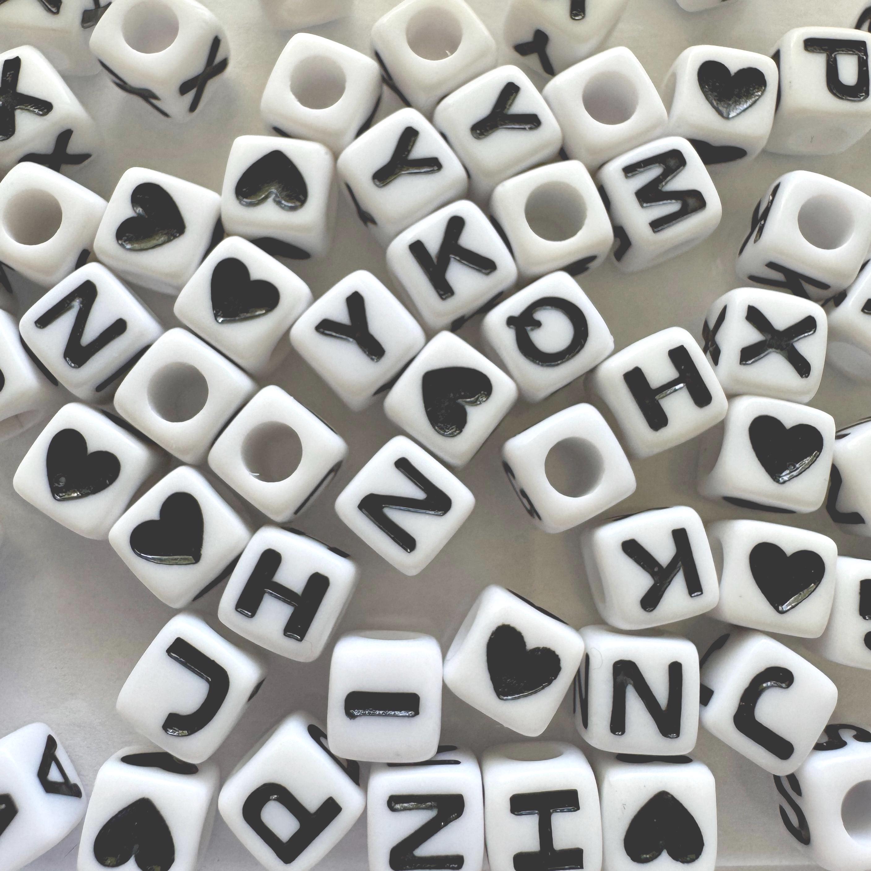 Alphabet Cube Beads: 7x7mm, 3.5mm hole, Acrylic, Black and White Letter Beads, DIY Jewelry Making (5pcs)