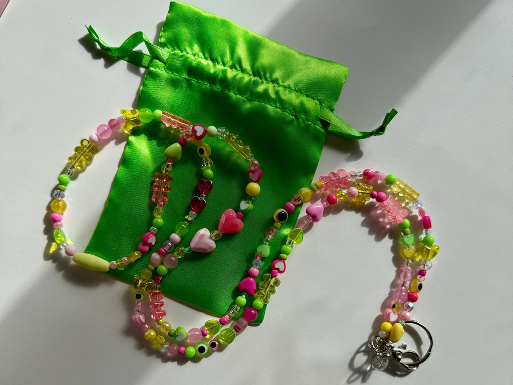 Pink, Green, & Yellow Custom Beaded Lanyard with Vertical Name Beads, Personalized Teacher Gift, Nurse ID Badge Holder, Y2K Style