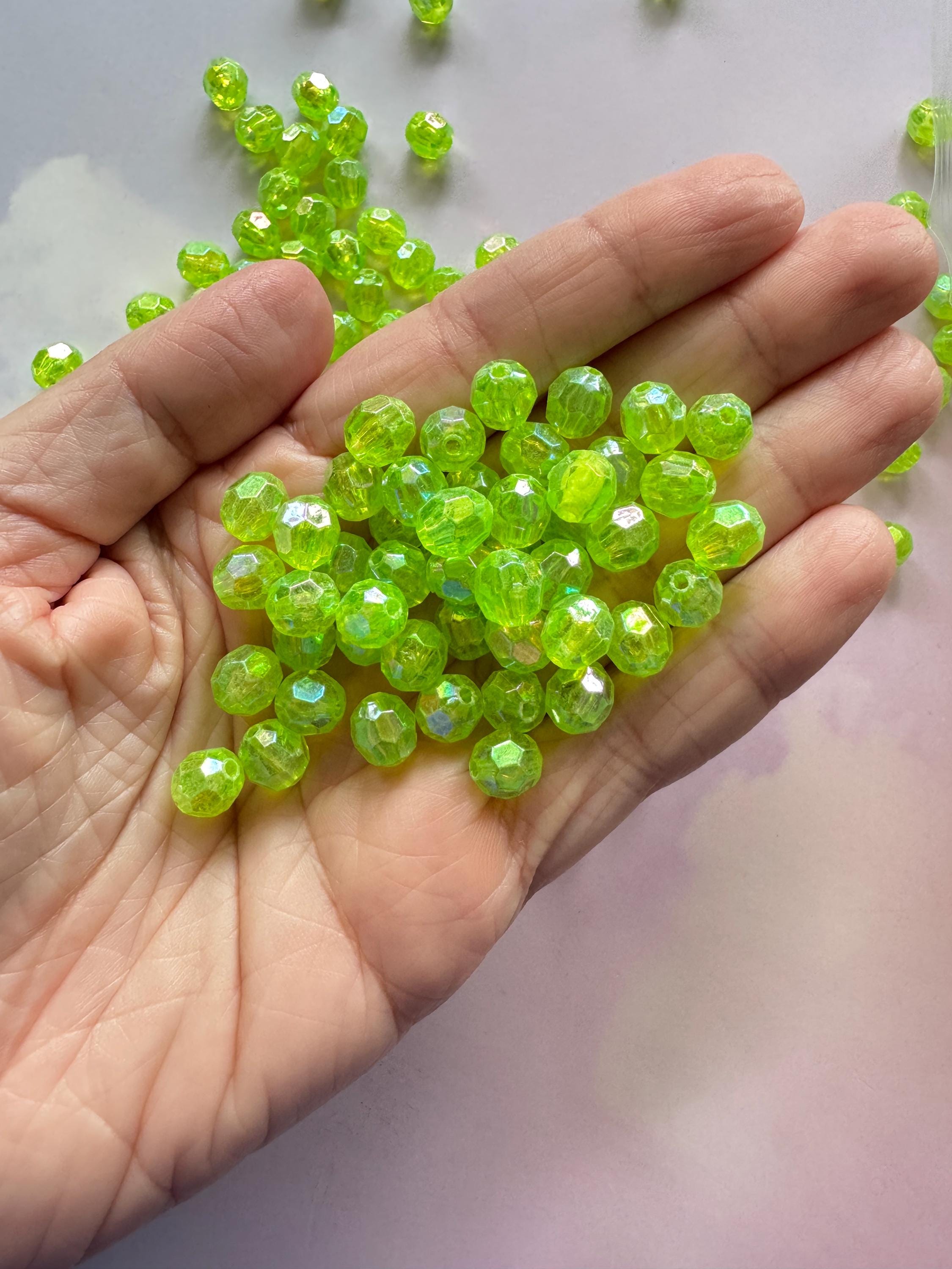 Lime Green Faceted Acrylic Beads, Round, AB Color, 8mm, Hole: 1.5mm, 50 pcs