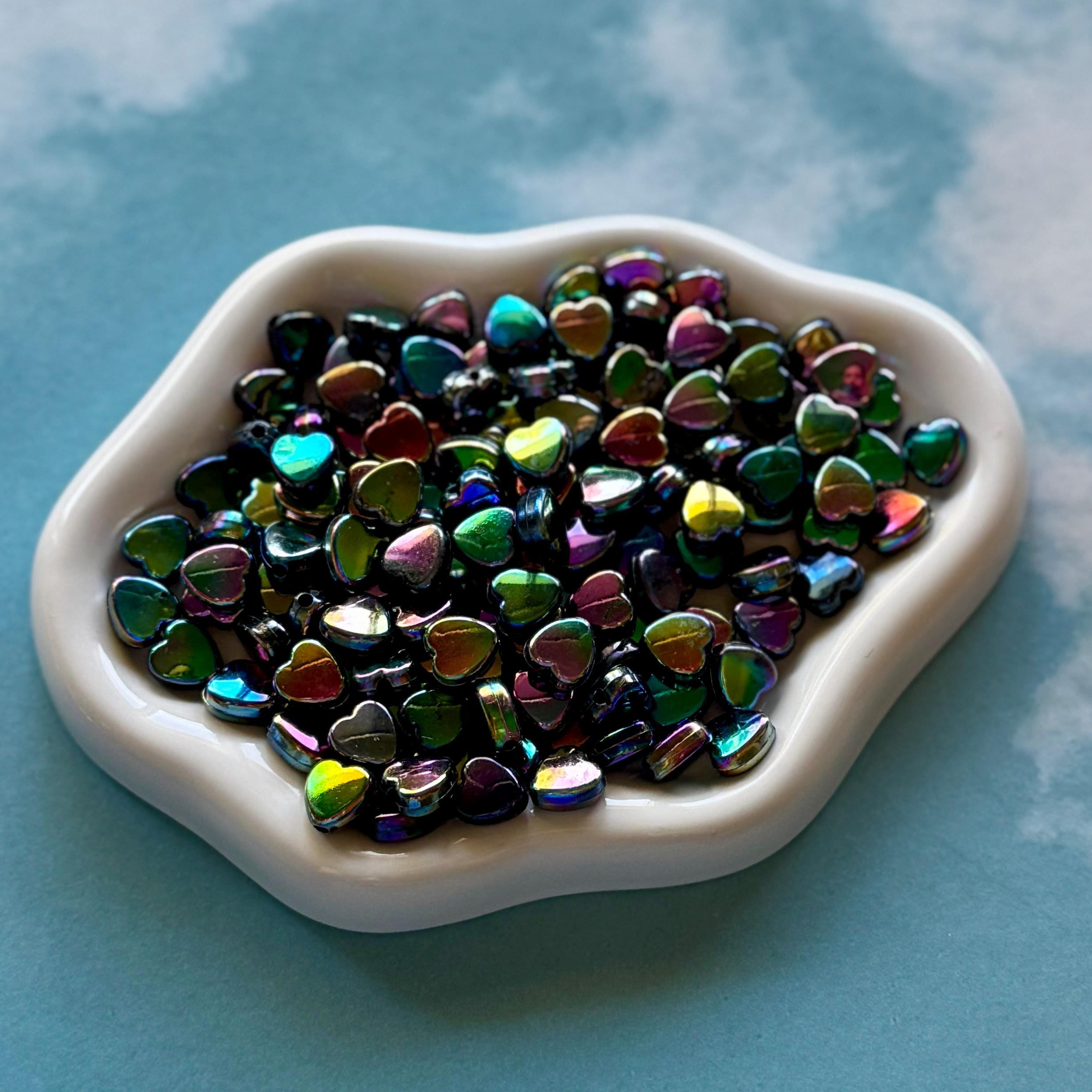 Black Multicolor 9mm Heart Beads, AB Plated, Hole: 1.6mm, 200 pcs