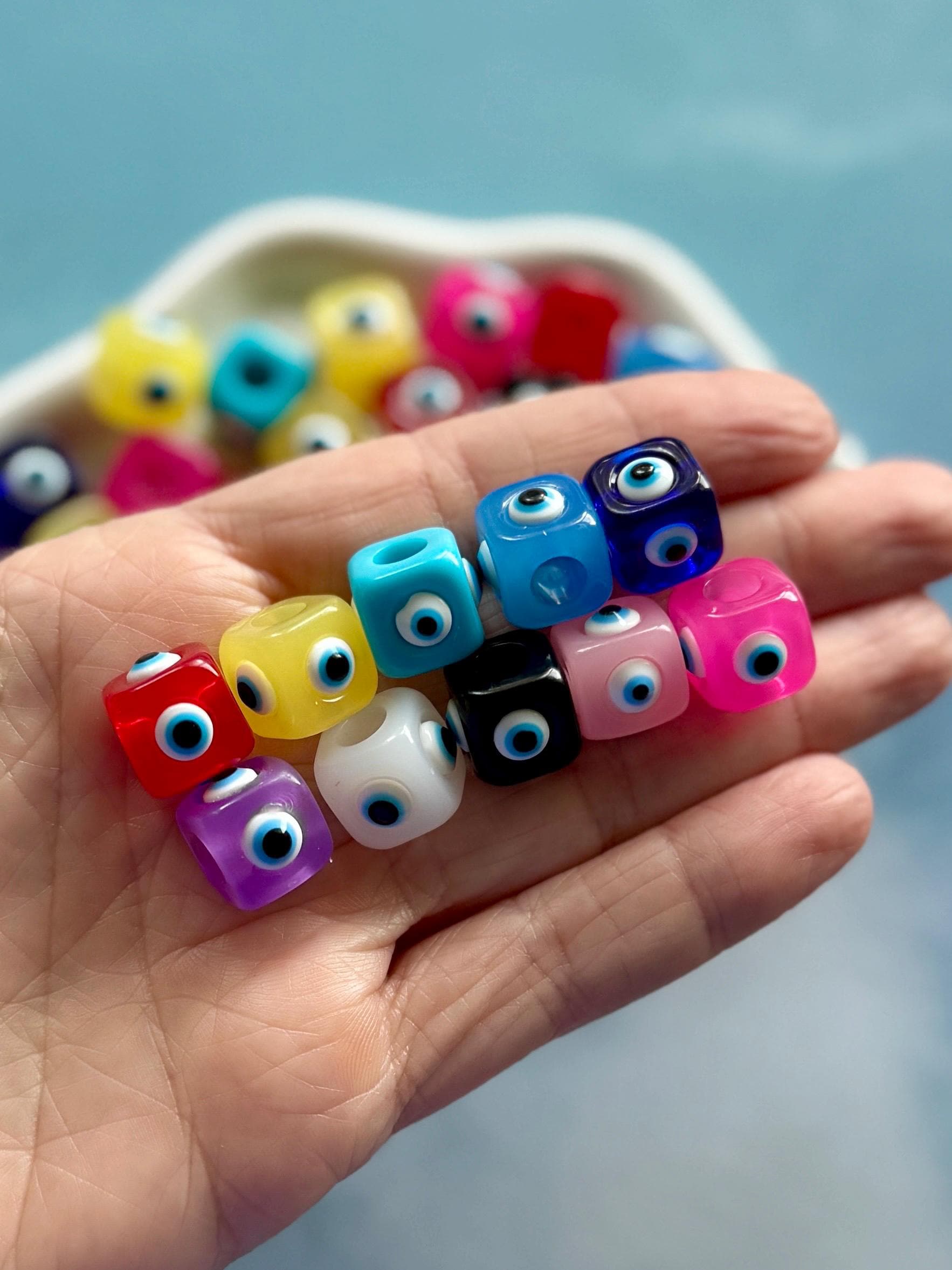 Chunky Resin Evil Eye Cube Beads, Big Hole, 5 Piece Set