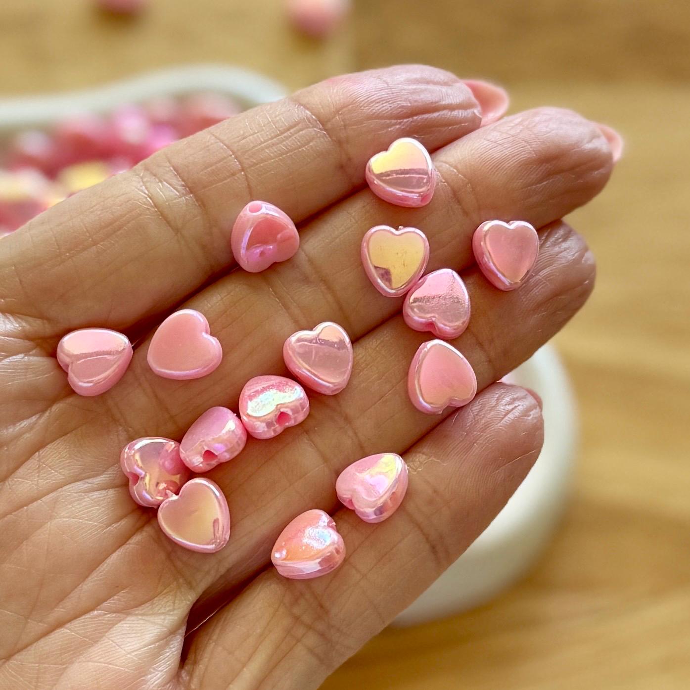 Light Pink 9mm Heart Beads, AB Plated, Hole: 1.6mm, 100 pcs