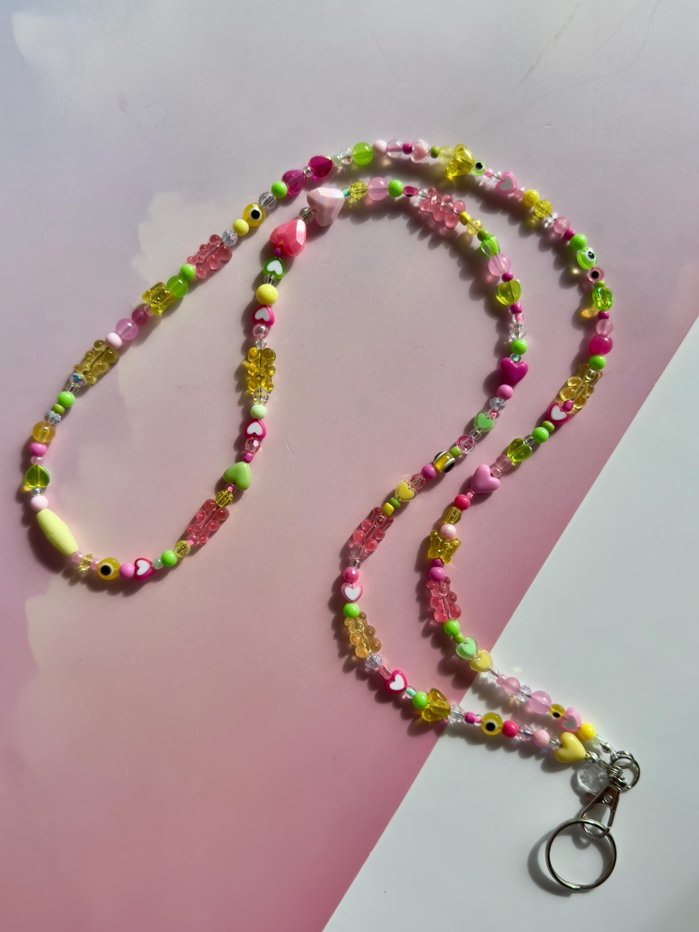 Pink, Green, & Yellow Custom Beaded Lanyard with Vertical Name Beads, Personalized Teacher Gift, Nurse ID Badge Holder, Y2K Style