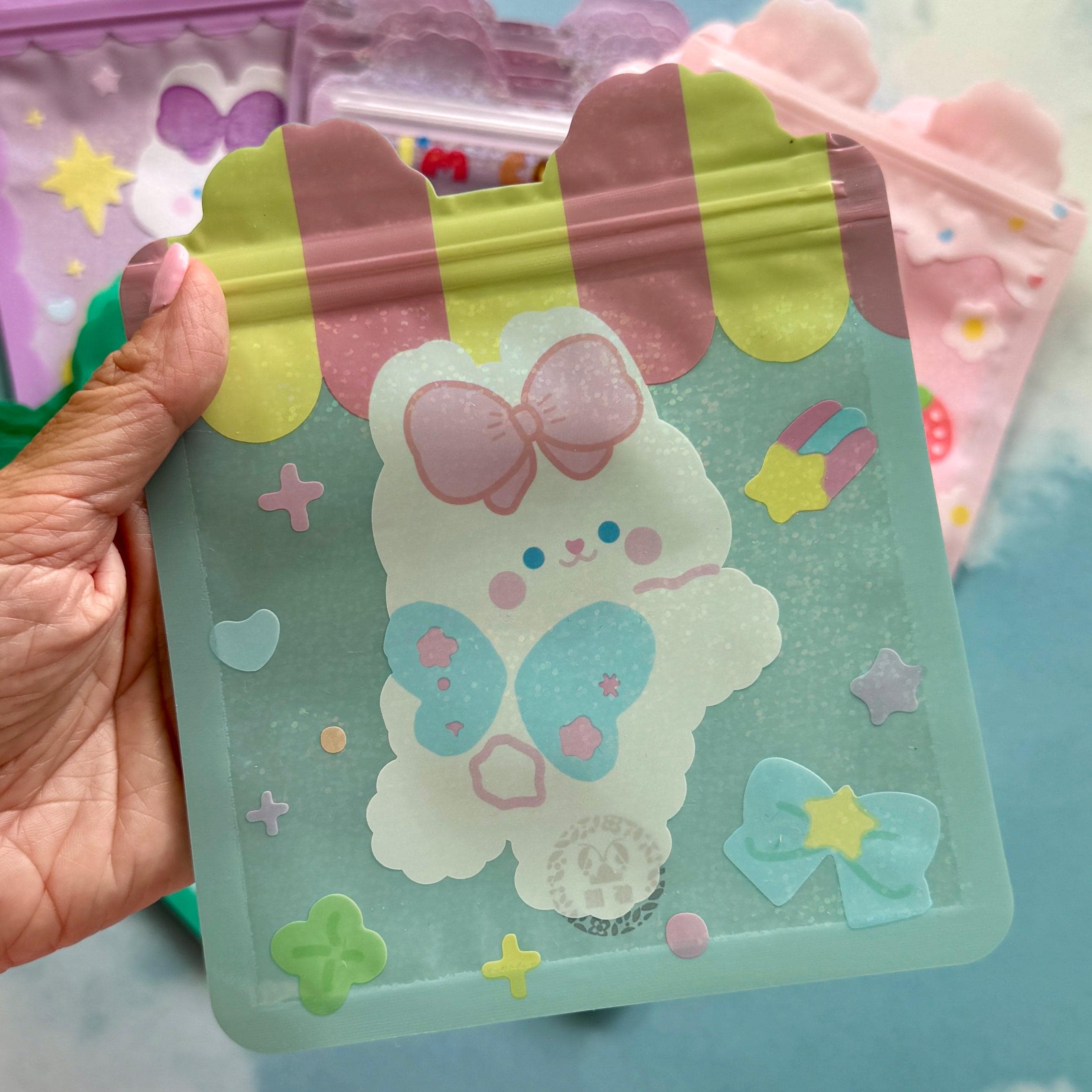 Qty 25 Holographic Kawaii Zip Bags, Pastel Character Pouches, 5 of Each Color, 16x16.5cm
