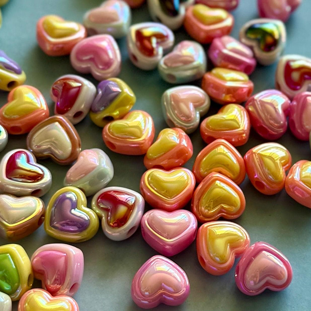 Two Tone Kawaii Heart Beads, Pastel or UV Iridescent Mixed Colors, 15x17.5x12mm, Hole: 3.7mm, 20 pcs