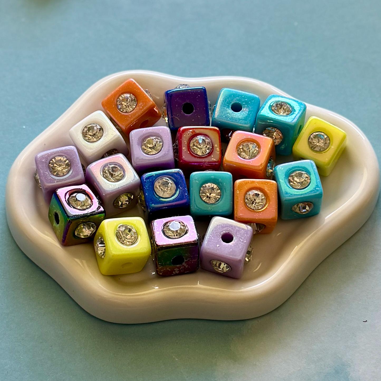 Rhinestone Cube Beads, Bag Purse Charm Kit Beads, 14mm, Hole: 3.7mm, 1pc