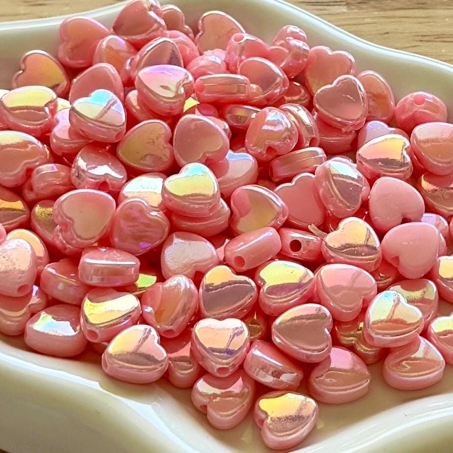 Light Pink 9mm Heart Beads, AB Plated, Hole: 1.6mm, 100 pcs