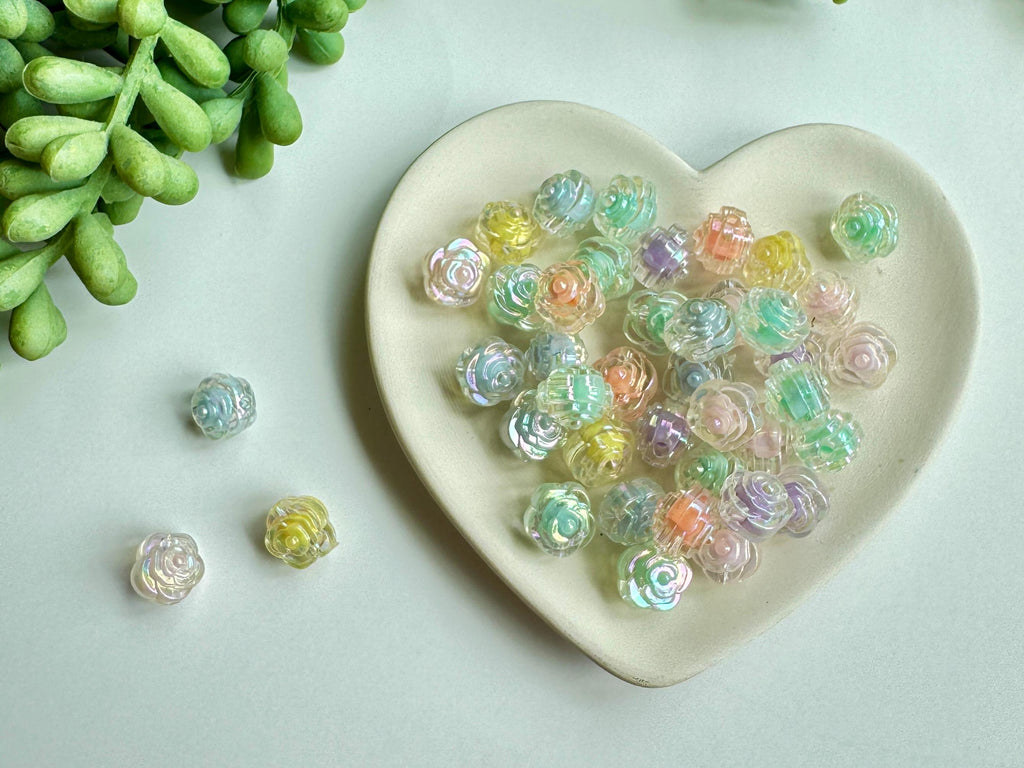 Flower Beads, AB Iridescent Finish, Acrylic, Mixed Colors, 11.5x11x10.5mm, Hole: 2mm, 30 pcs