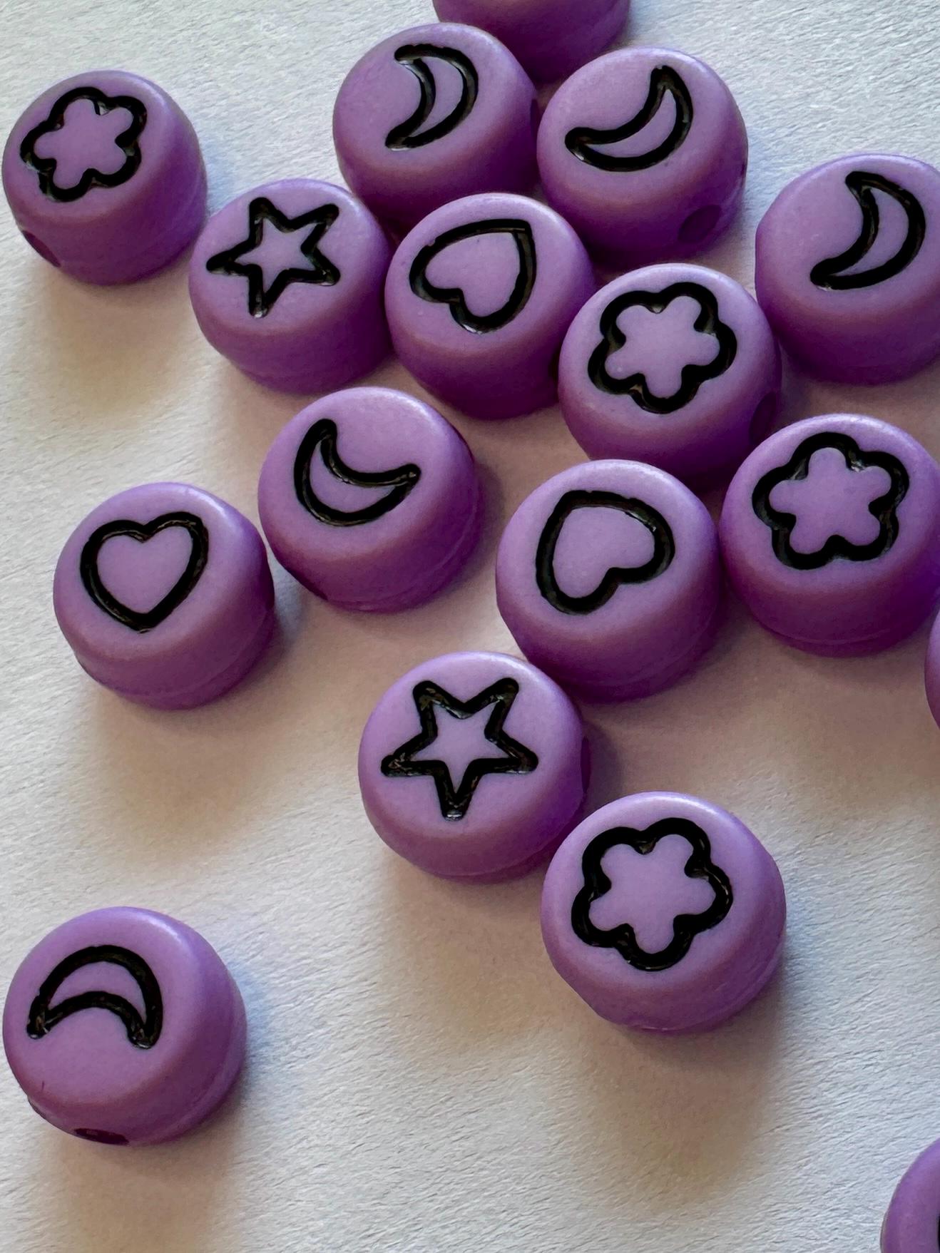 Lilac Symbol Beads, Heart, Star, Moon, Flower, 7x4mm, Hole: 1.5mm, 90 pcs