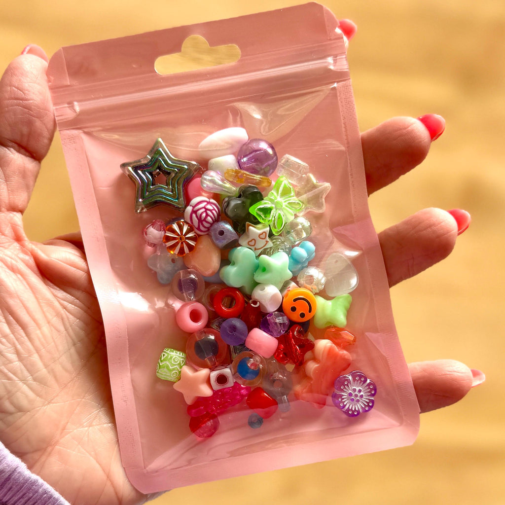 Eclectic Rainbow Bead Mix, Acrylic Bead Soup for Kandi, DIY Jewelry, Purse Charms, 60-70 pcs