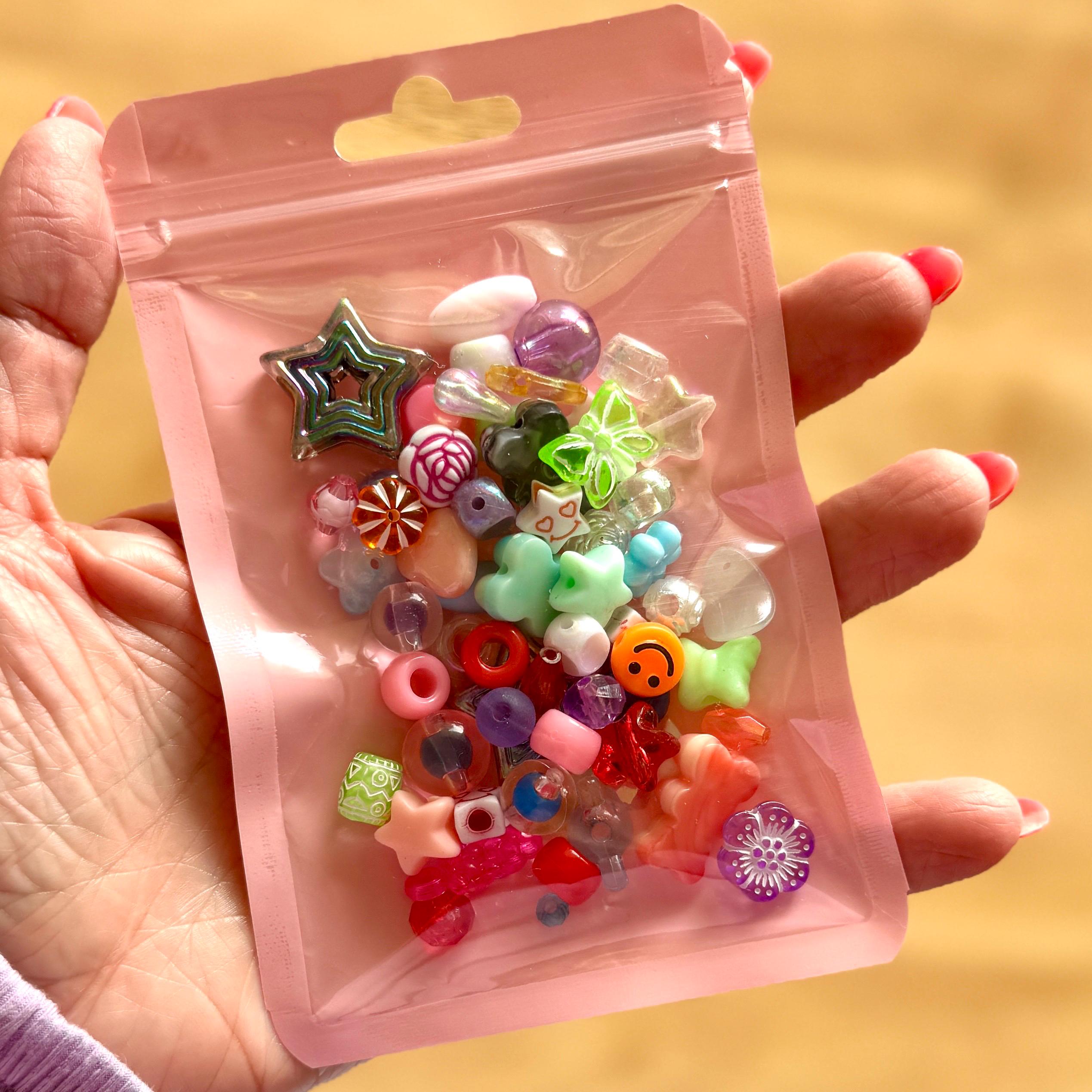 Eclectic Rainbow Bead Mix, Acrylic Bead Soup for Kandi, DIY Jewelry, Purse Charms, 60-70 pcs