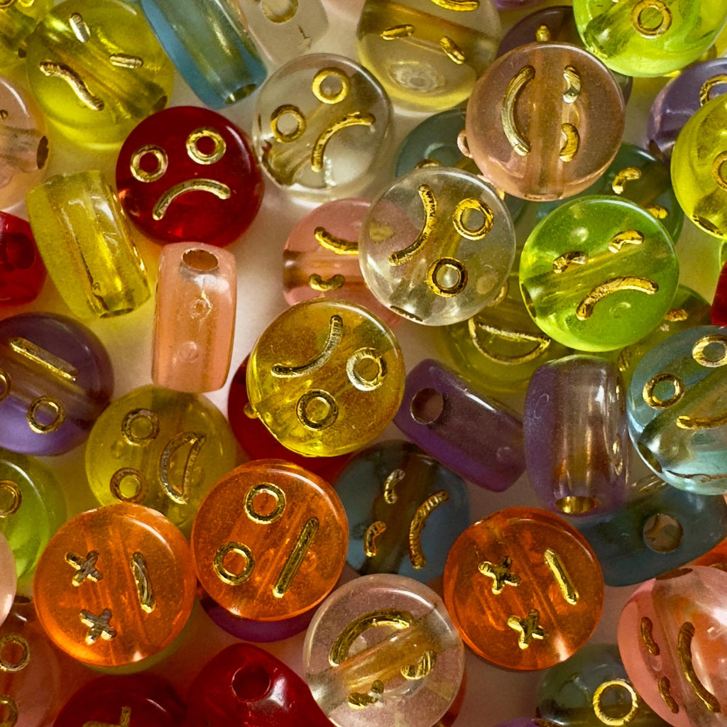 Colorful Metallic Emoji Beads - Transparent Acrylic Funny Face Beads, Gold Inlay, 7x4mm, 100 pcs