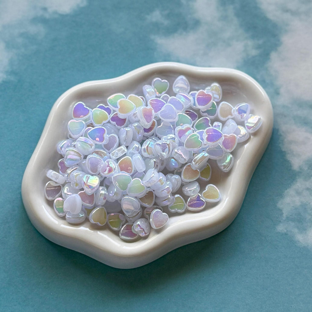 White 9mm Heart Beads, AB Plated, Hole: 1.6mm, 100 pcs