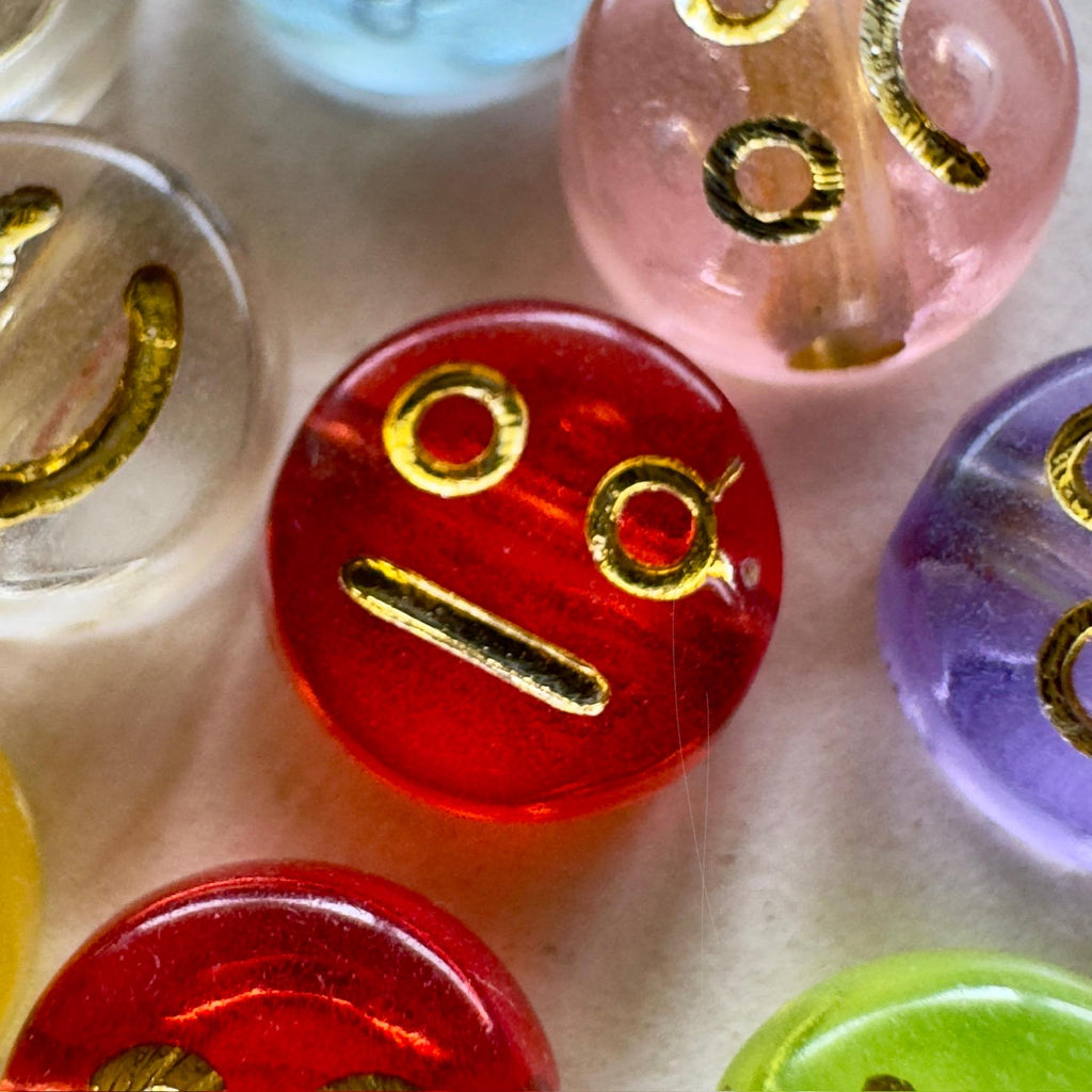 Colorful Metallic Emoji Beads - Transparent Acrylic Funny Face Beads, Gold Inlay, 7x4mm, 100 pcs