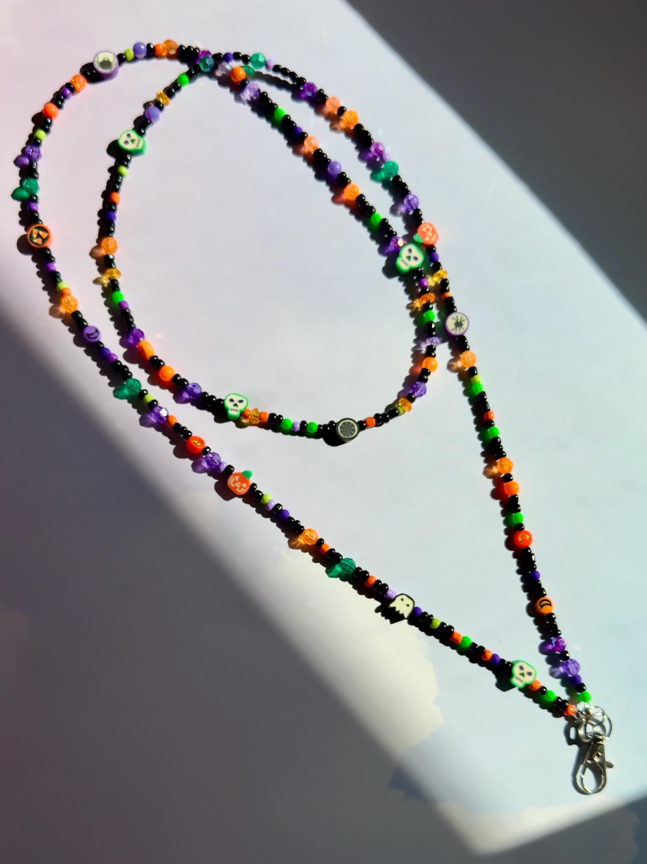Black Halloween Beaded Lanyard, Personalized Teacher Gift, Nurse ID Badge Holder, Y2K Kandi Kidcore Style, 23”