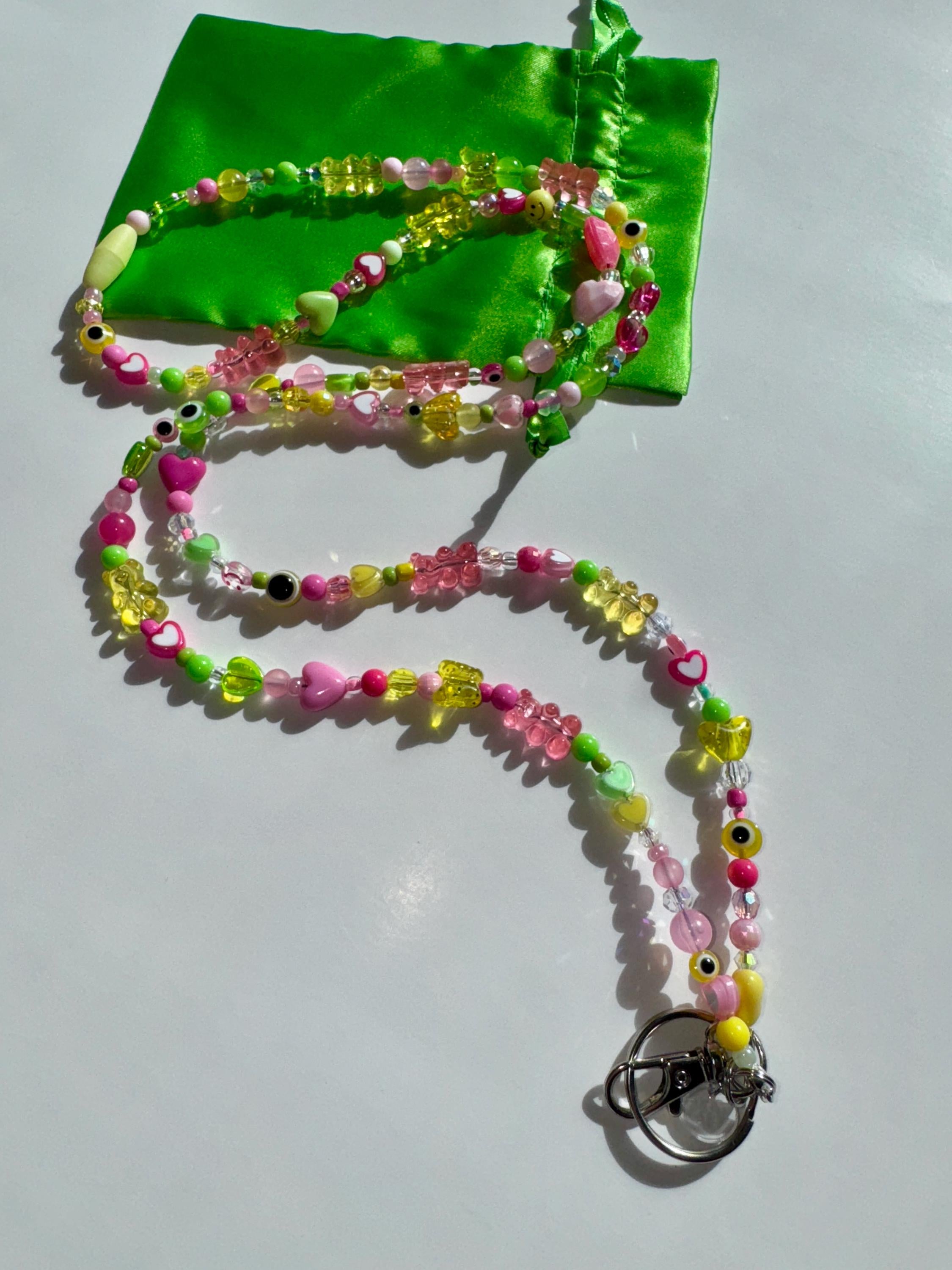 Pink, Green, & Yellow Custom Beaded Lanyard with Vertical Name Beads, Personalized Teacher Gift, Nurse ID Badge Holder, Y2K Style