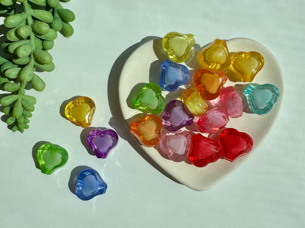 Faceted Acrylic Heart Beads, Two-Tone Chunky Charms, 19mm, 10 pcs, one of each color