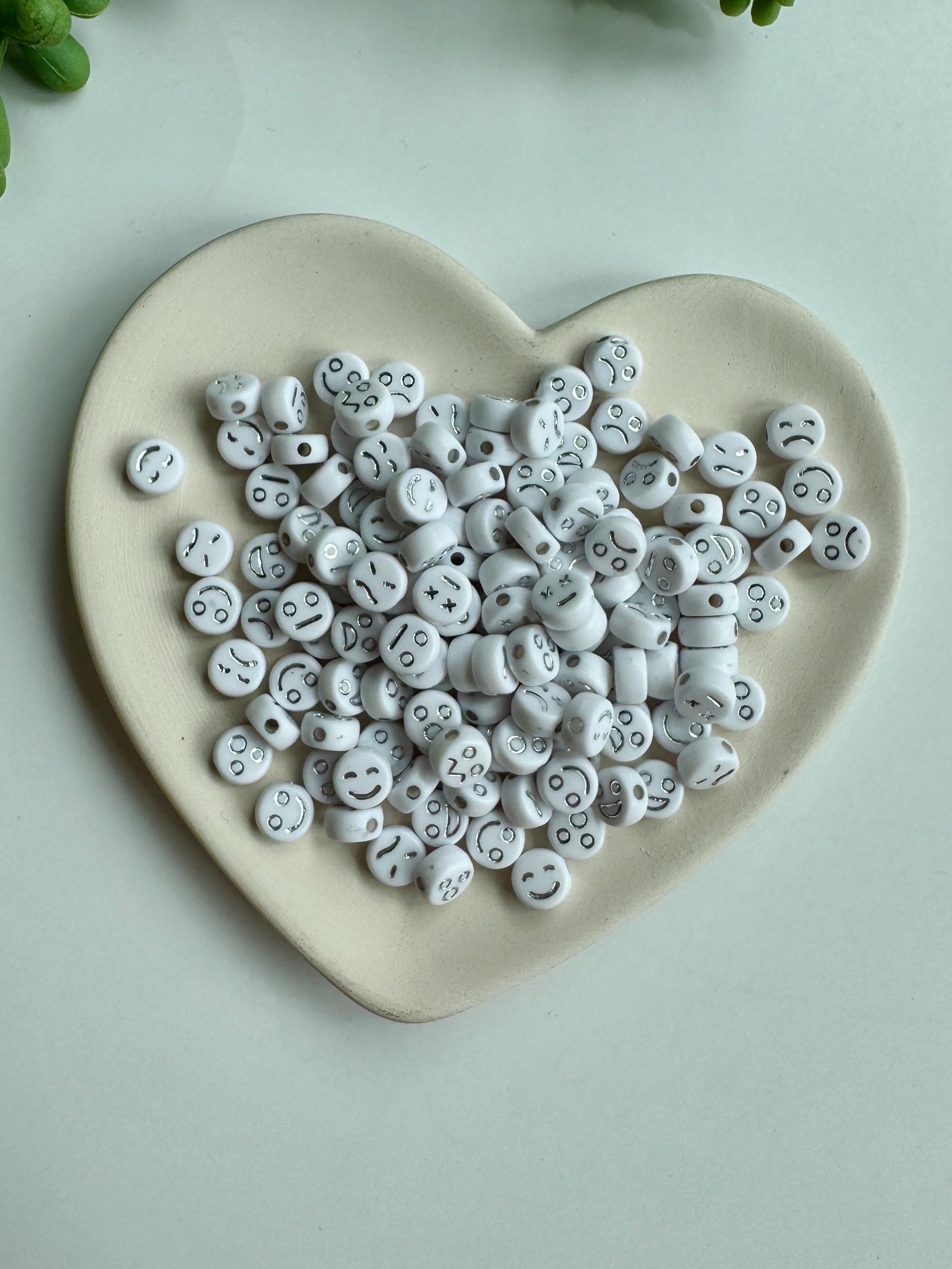 Emoji Beads - White Acrylic Funny Face Beads with Silver Inlay (7x4mm, 100 pcs)
