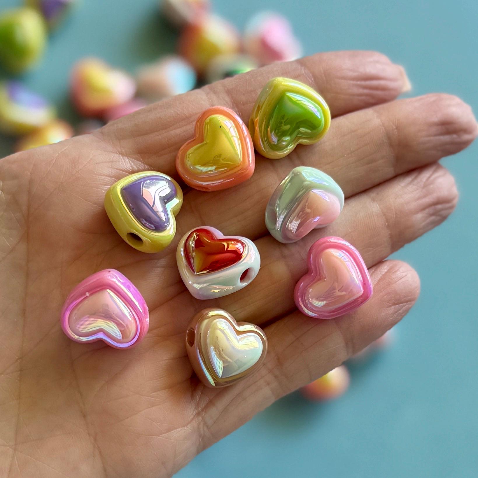 Two Tone Kawaii Heart Beads, Pastel or UV Iridescent Mixed Colors, 15x17.5x12mm, Hole: 3.7mm, 20 pcs