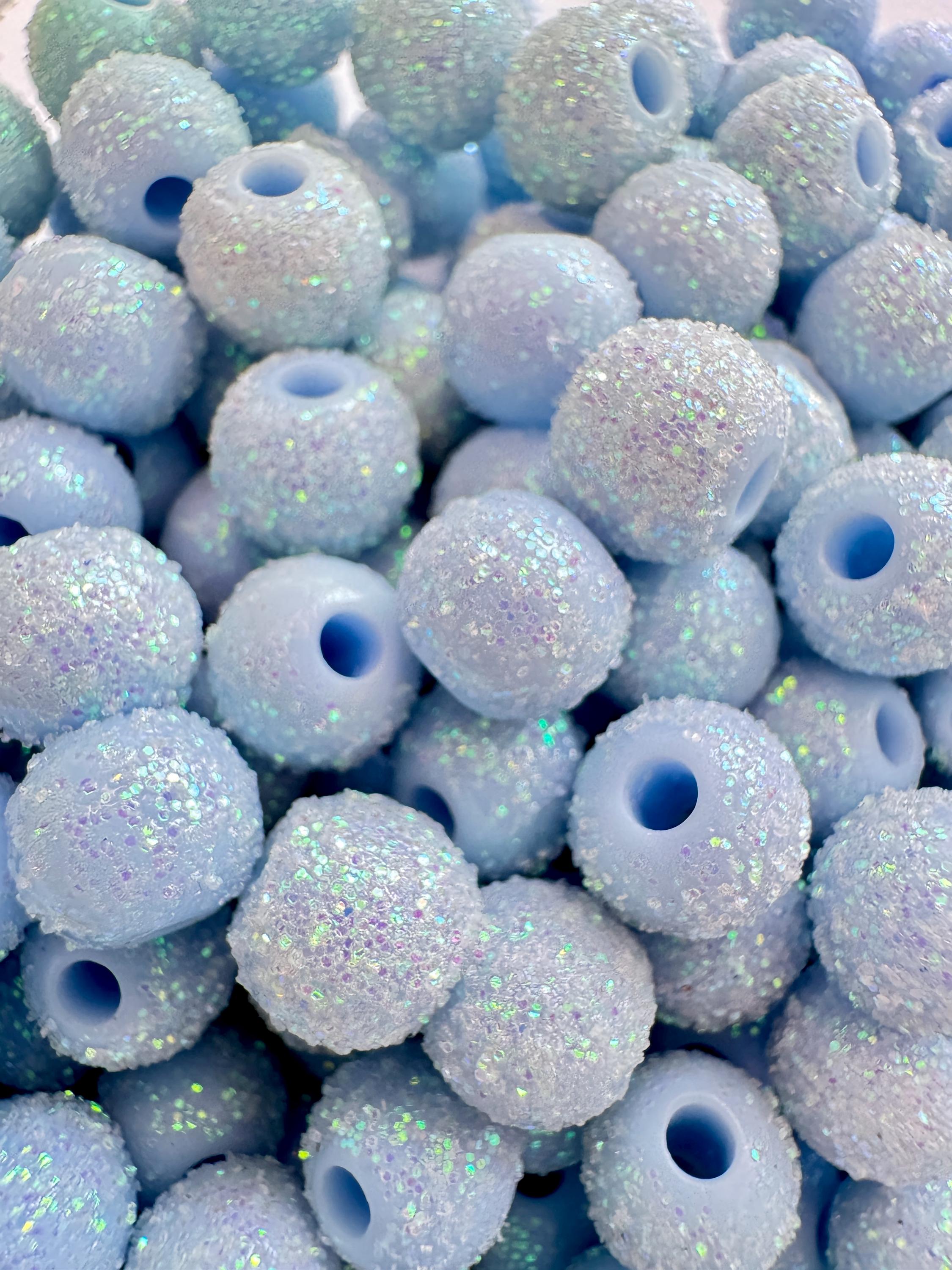 30 pieces, 8.5mm Glitter Sky Blue Acrylic Beads, Round, 8.5x7mm, Hole: 2mm
