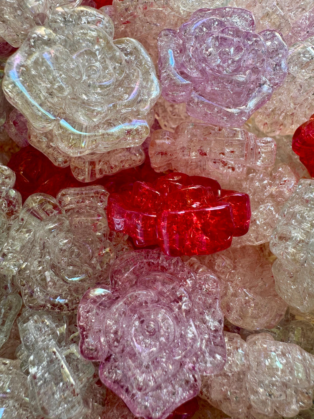 31mm Rose Flower Acrylic Beads, Hole: 3.5mm, Glittery and Crackle, 5 pcs