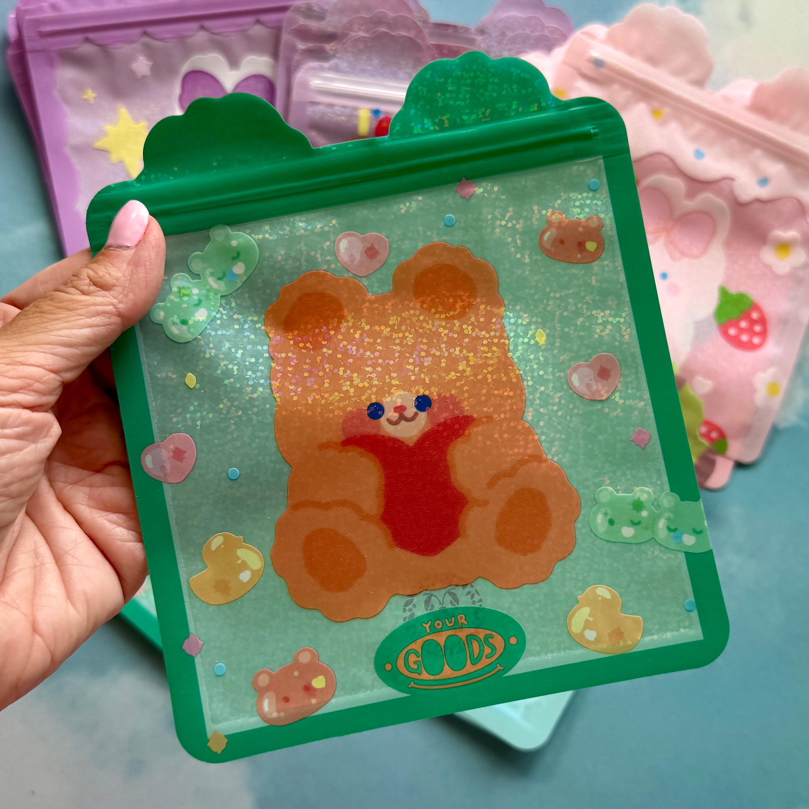 Qty 25 Holographic Kawaii Zip Bags, Pastel Character Pouches, 5 of Each Color, 16x16.5cm
