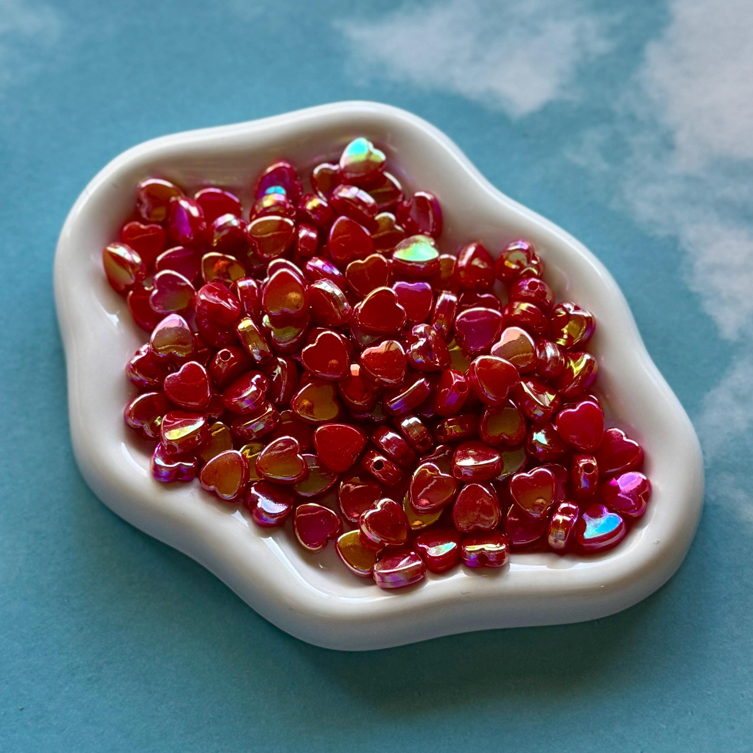 Red 9mm Heart Beads, AB Plated, Hole: 1.6mm, 200 pcs