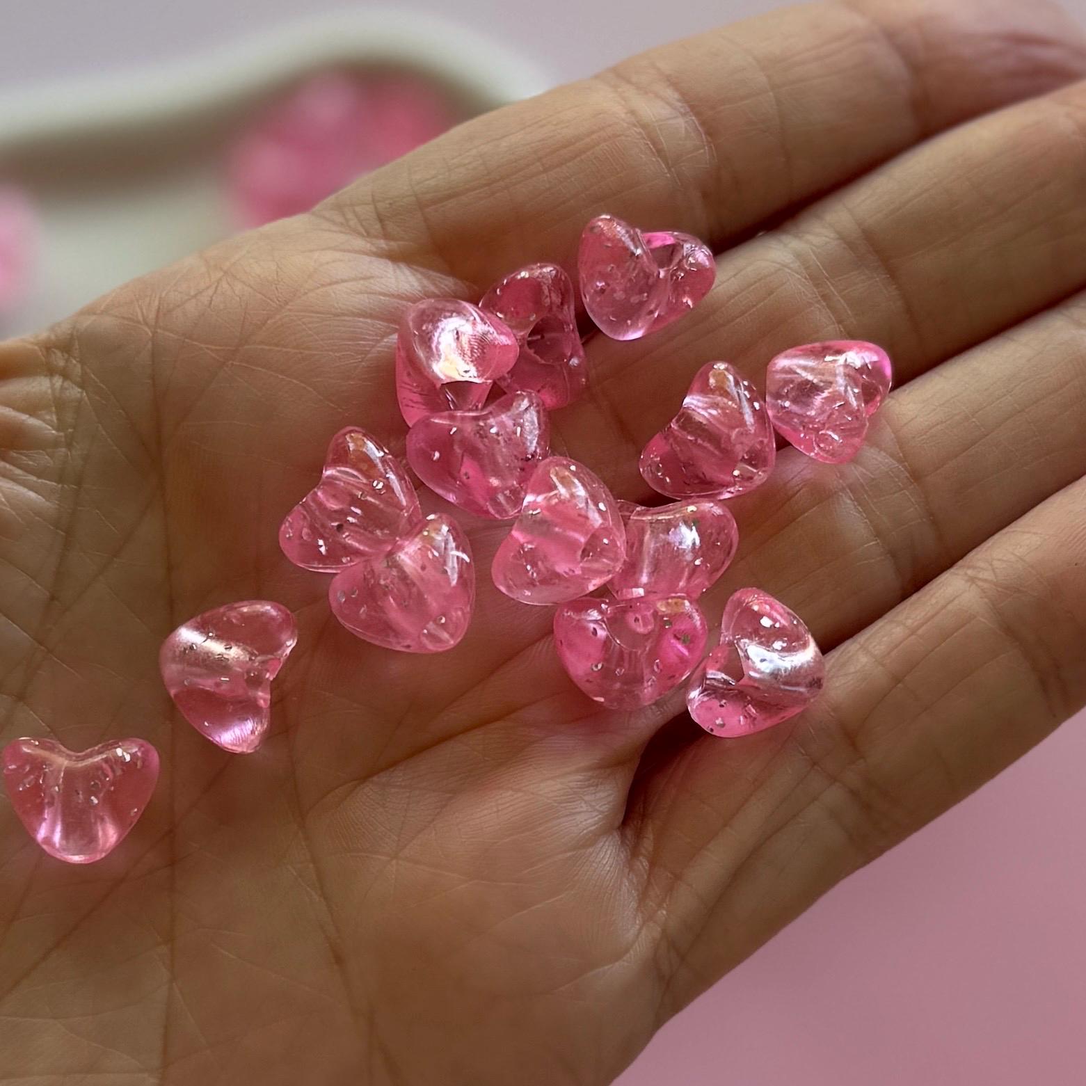Pink Glitter Pony Heart Beads, 9mm, 3.5mm hole for Kandi, Crafts, Kids, 50 pcs