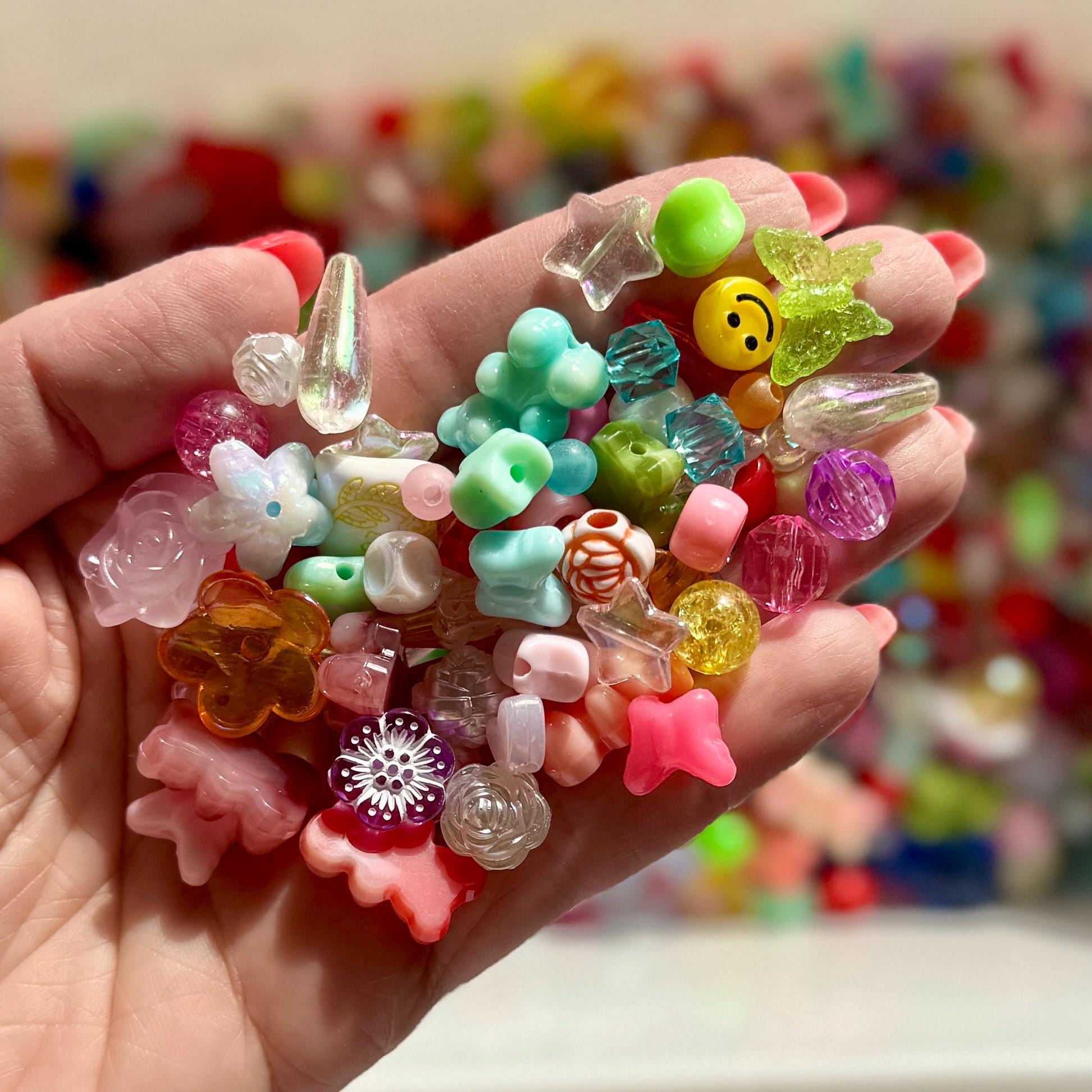 Eclectic Rainbow Bead Mix, Acrylic Bead Soup for Kandi, DIY Jewelry, Purse Charms, 60-70 pcs