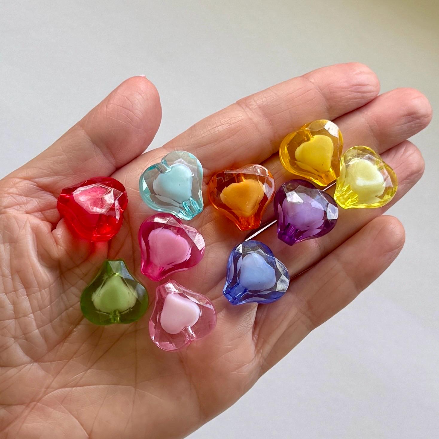 Faceted Acrylic Heart Beads, Two-Tone Chunky Charms, 19mm, 10 pcs, one of each color