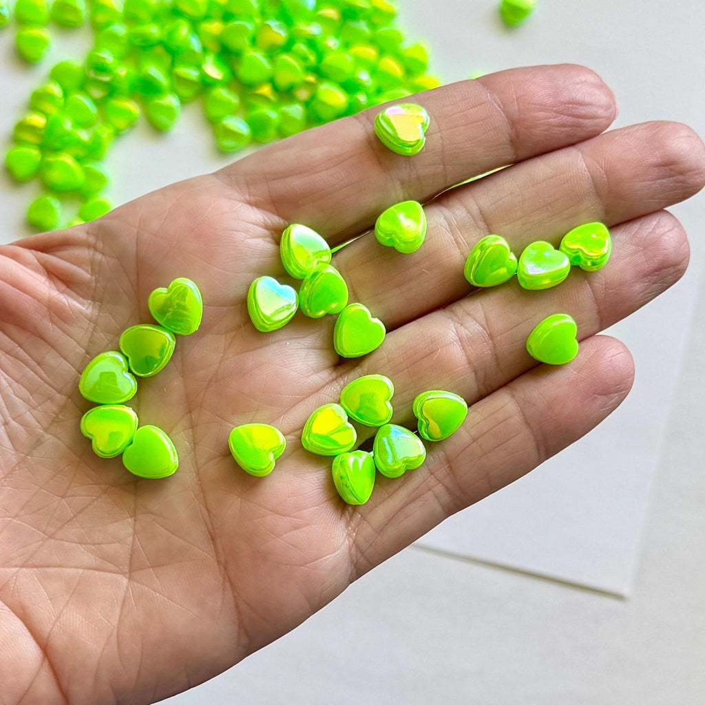 Green 9mm Heart Beads, AB Plated, Hole: 1.6mm, 100 pcs