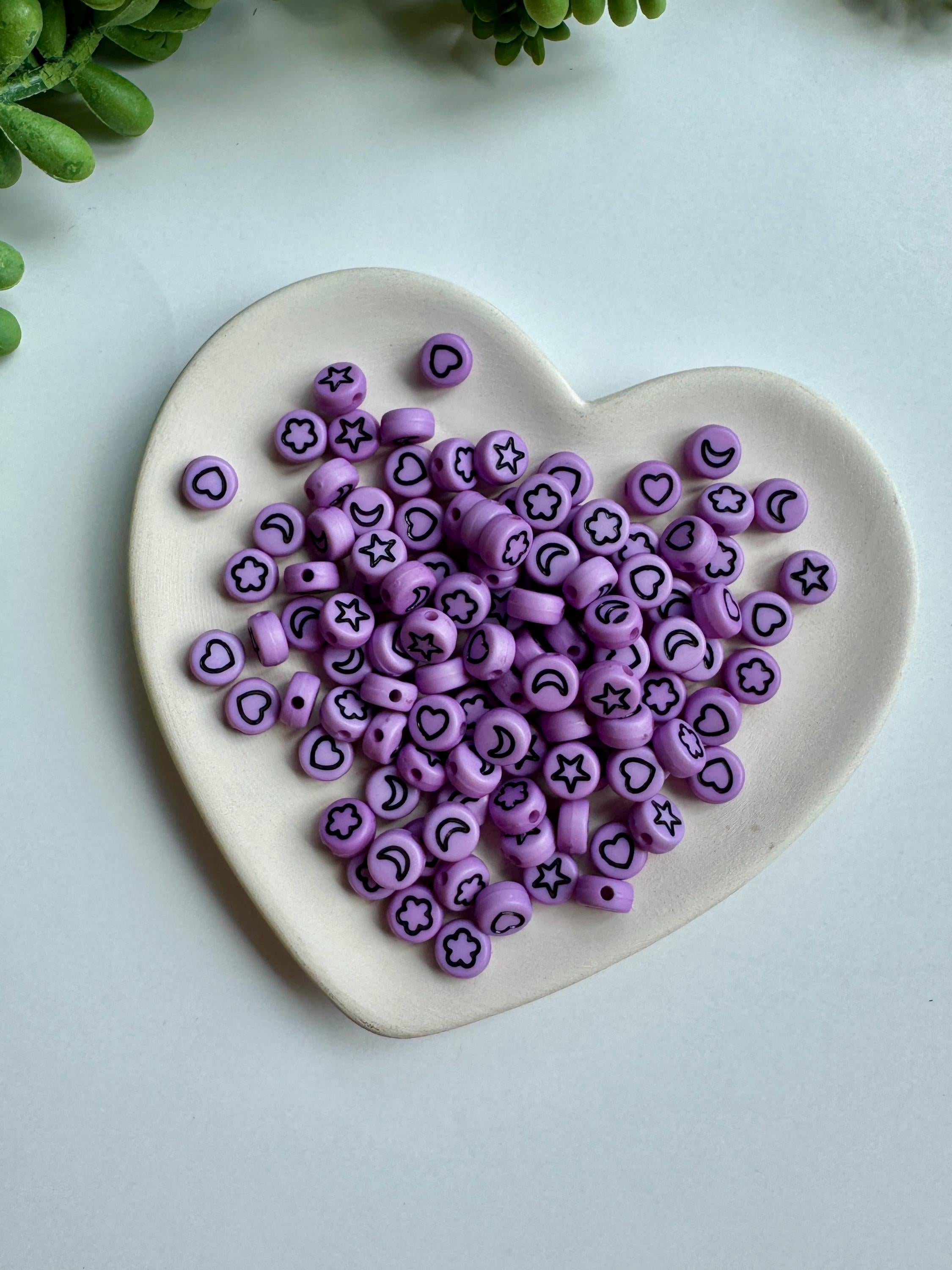 Lilac Symbol Beads, Heart, Star, Moon, Flower, 7x4mm, Hole: 1.5mm, 90 pcs
