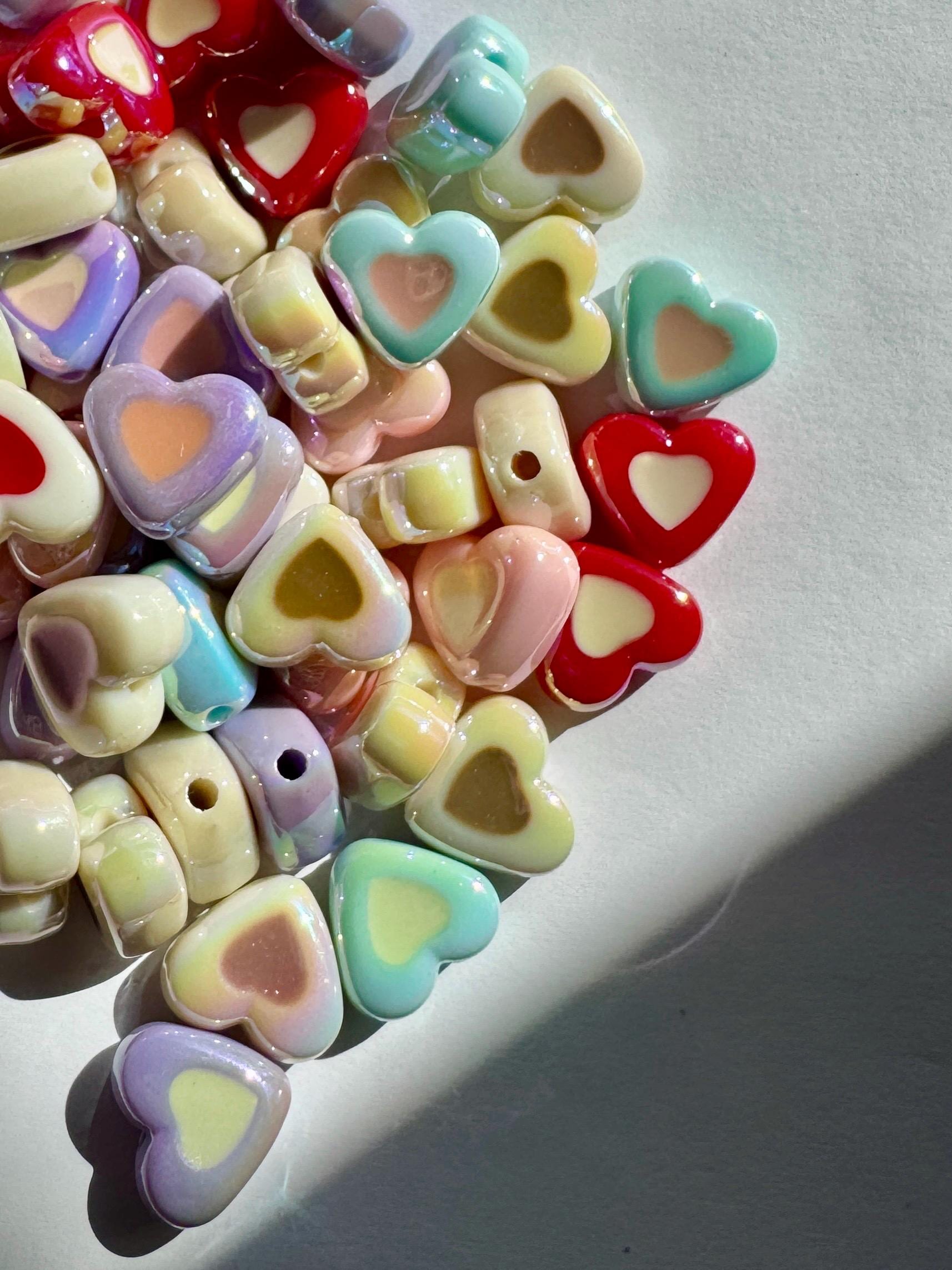 20 pcs Two-Tone AB Heart Beads, Acrylic and Enamel, Mixed Colors, 13x14.5x7mm, Hole: 2mm
