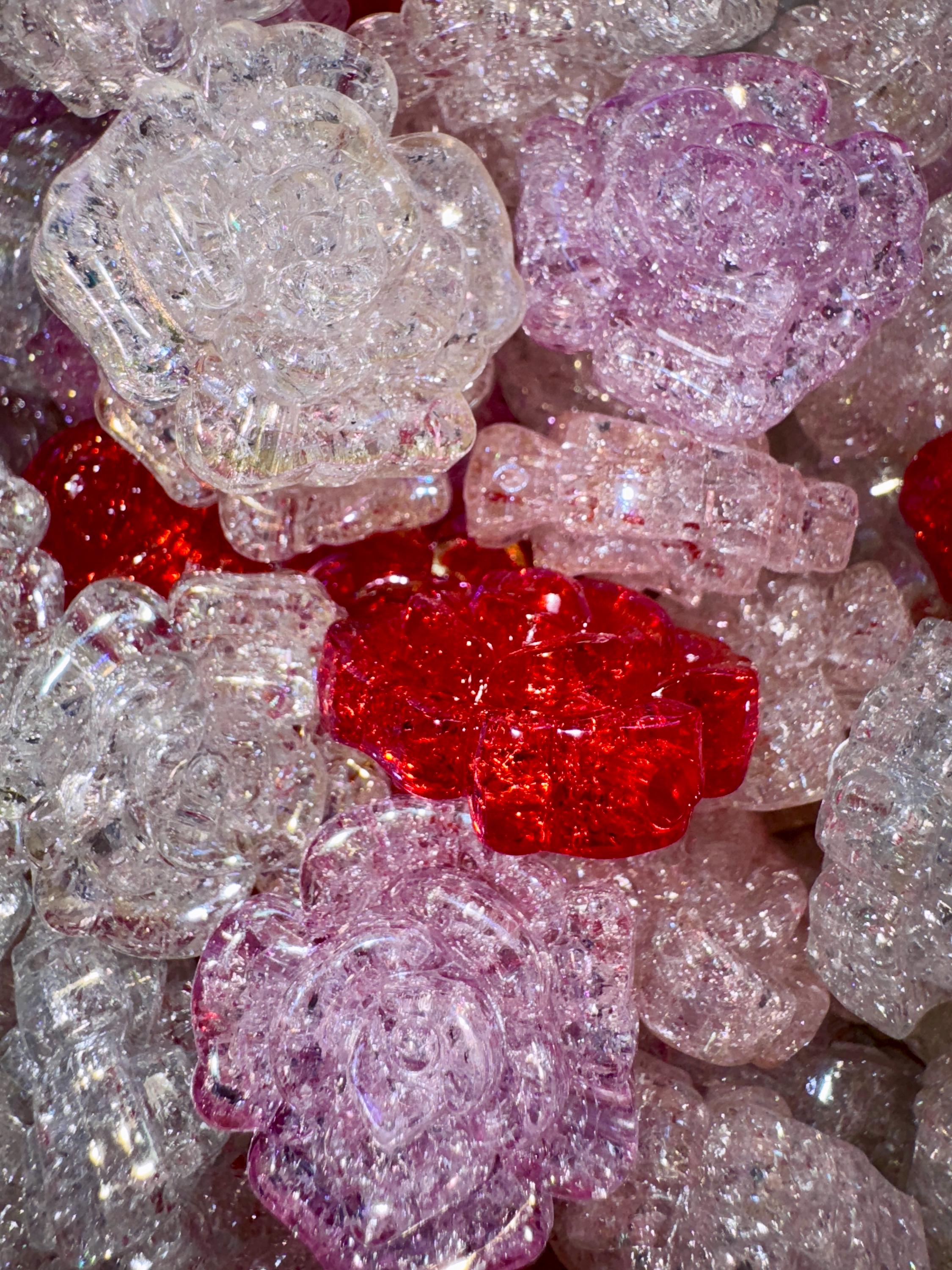 31mm Rose Flower Acrylic Beads, Hole: 3.5mm, Glittery and Crackle, 5 pcs