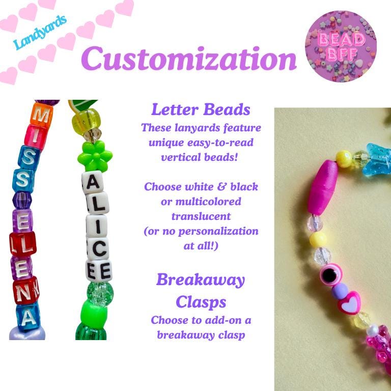 Custom Beaded Lanyard with Vertical Name Beads, Personalized Teacher Gift, Nurse ID Badge Holder, Y2K Kandi Kidcore Style