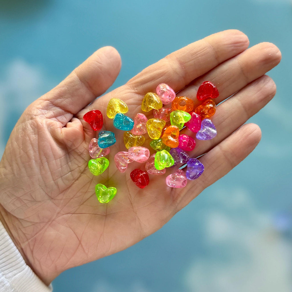 Glitter Pony Heart Beads, 9mm, 3.5mm hole for Kandi, Crafts, Kids, 100 pcs