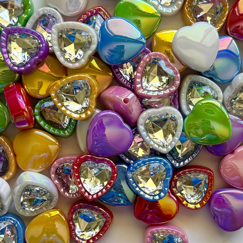 Iridescent Rhinestone Heart Beads for Kandi, Kawaii, DIY Jewelry (22.5mm, 2.5mm Hole), 1 piece