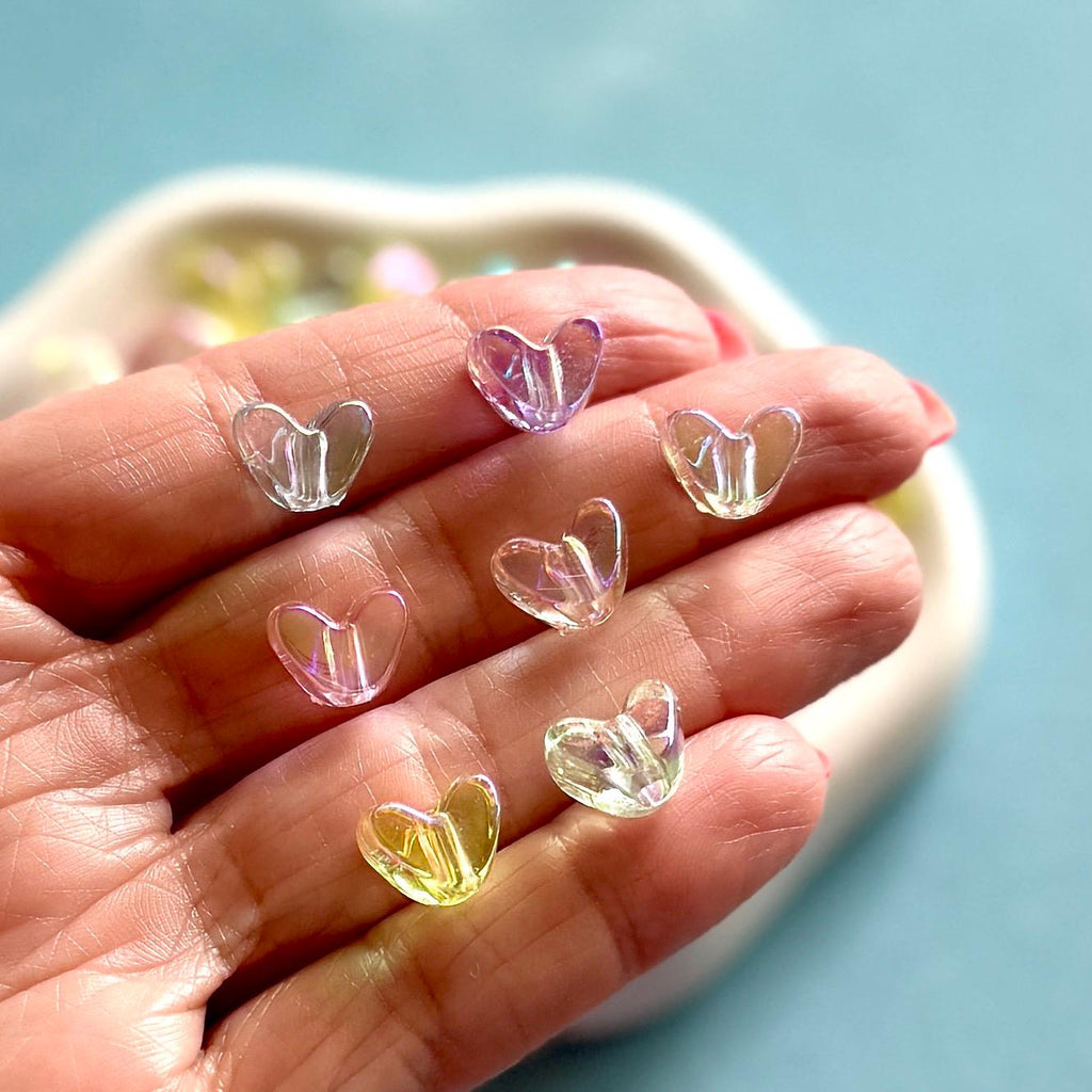 Dreamy Iridescent Heart Beads, 50 pcs, 9mm, Hole: 1.4mm, Rainbow Mix