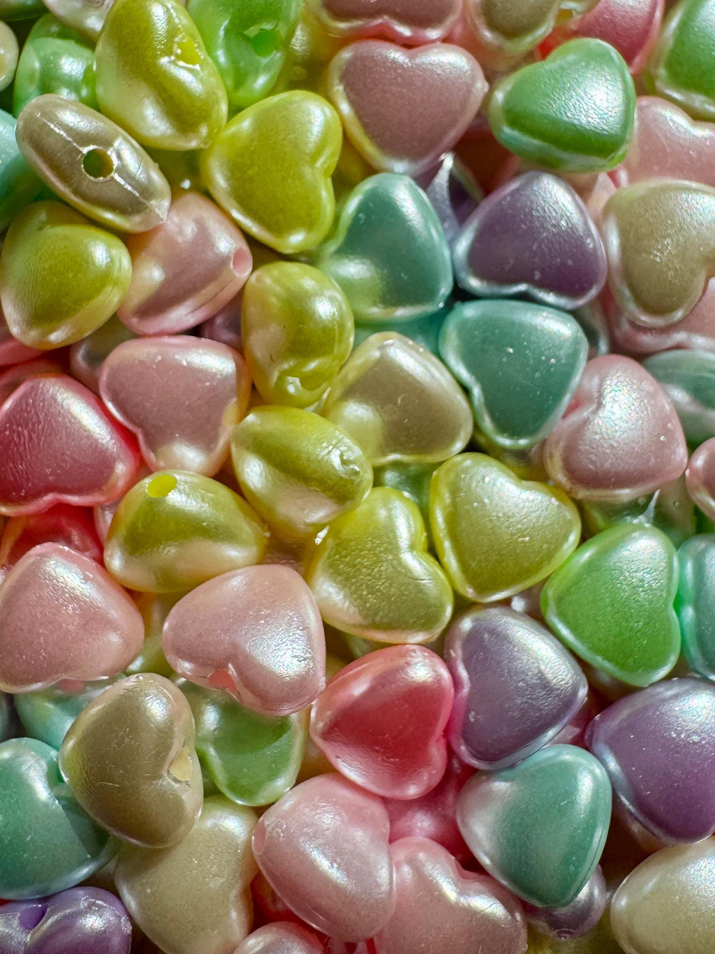 Pearlescent Heart Beads, Acrylic, Mixed Colors, 8.6x9x4.7mm, Hole: 1.5mm, 100 Pieces