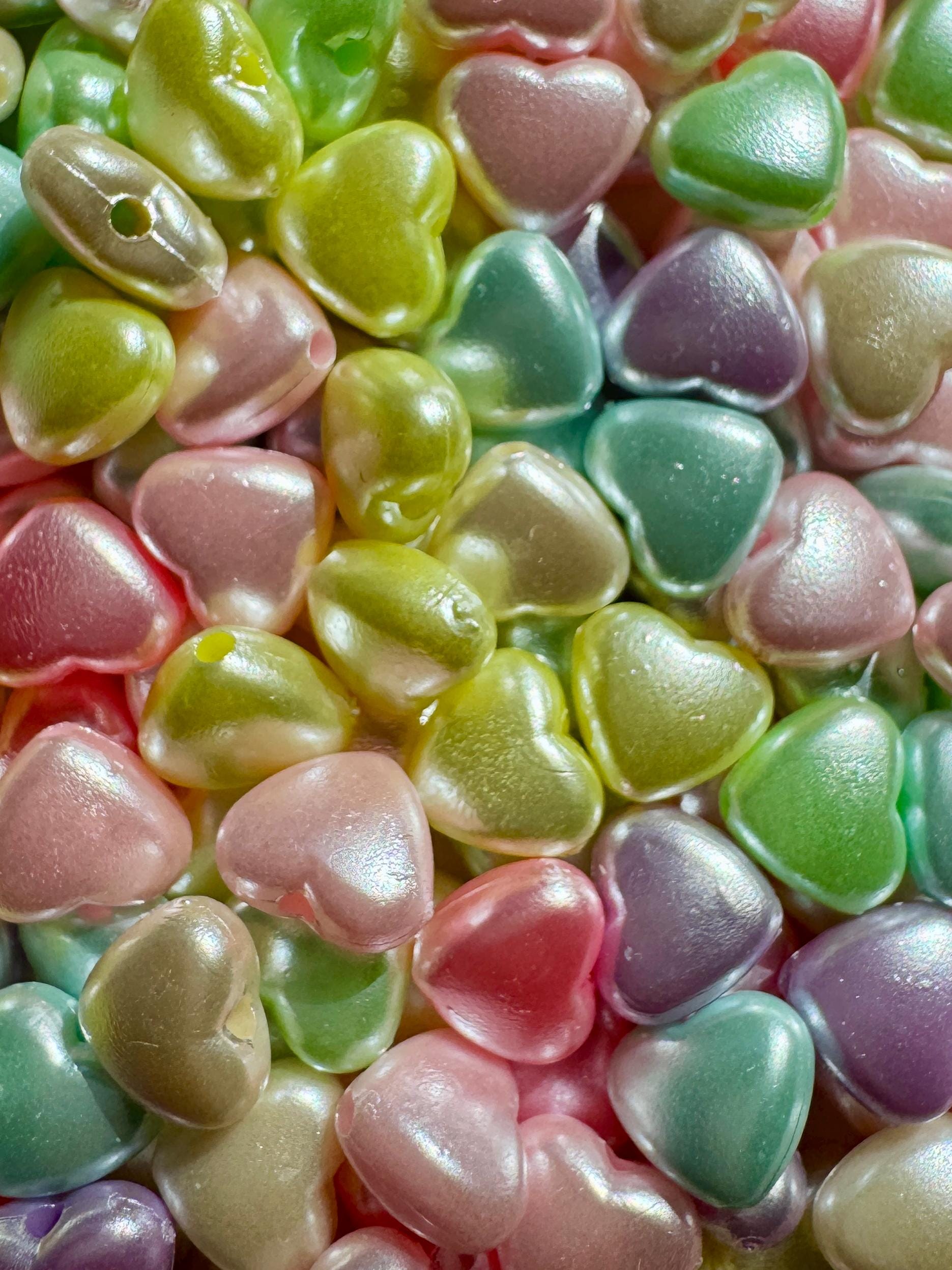 Pearlescent Heart Beads, Acrylic, Mixed Colors, 8.6x9x4.7mm, Hole: 1.5mm, 100 Pieces